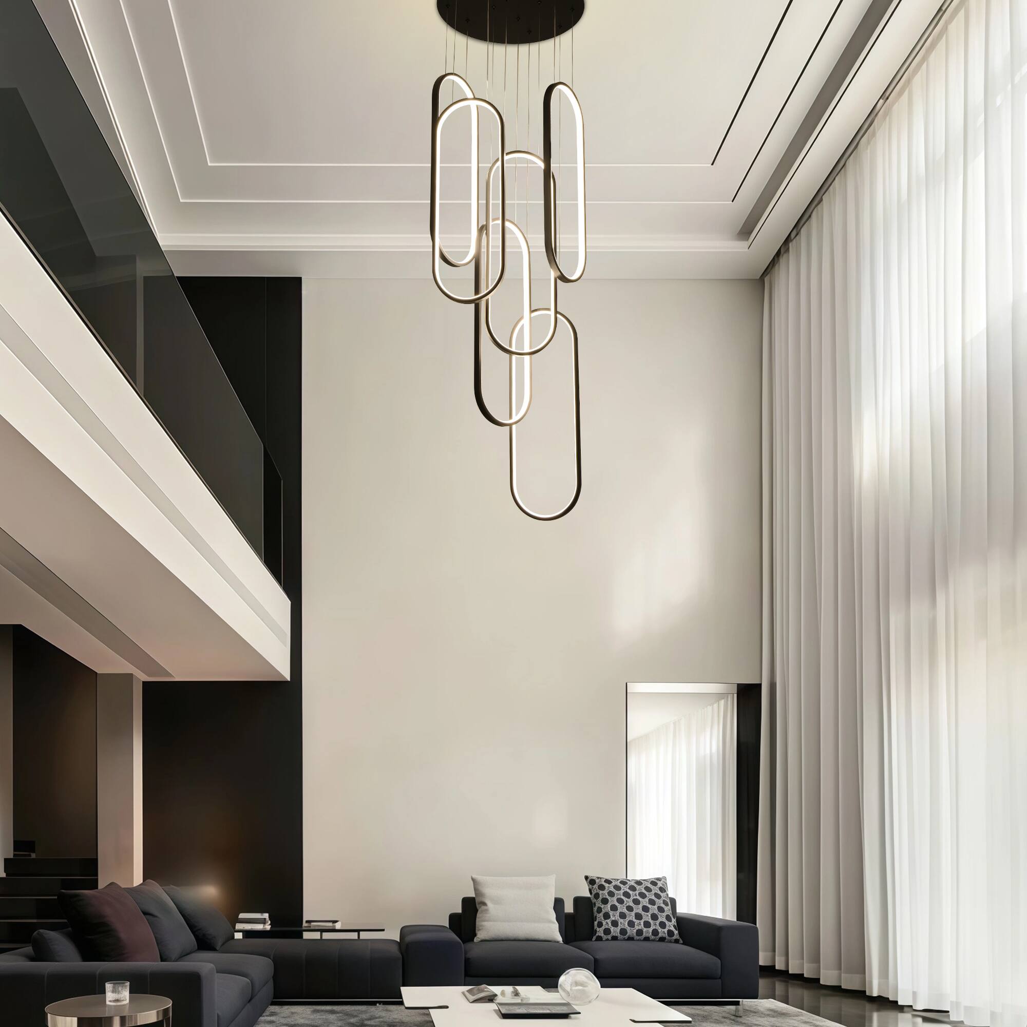 Angle. RYHNUYNE - 6-Ring Modern LED Dimmable Pendant Light Fixture,Black Large High Ceiling Chandelier,Contemporary Light for Staircase - Black.