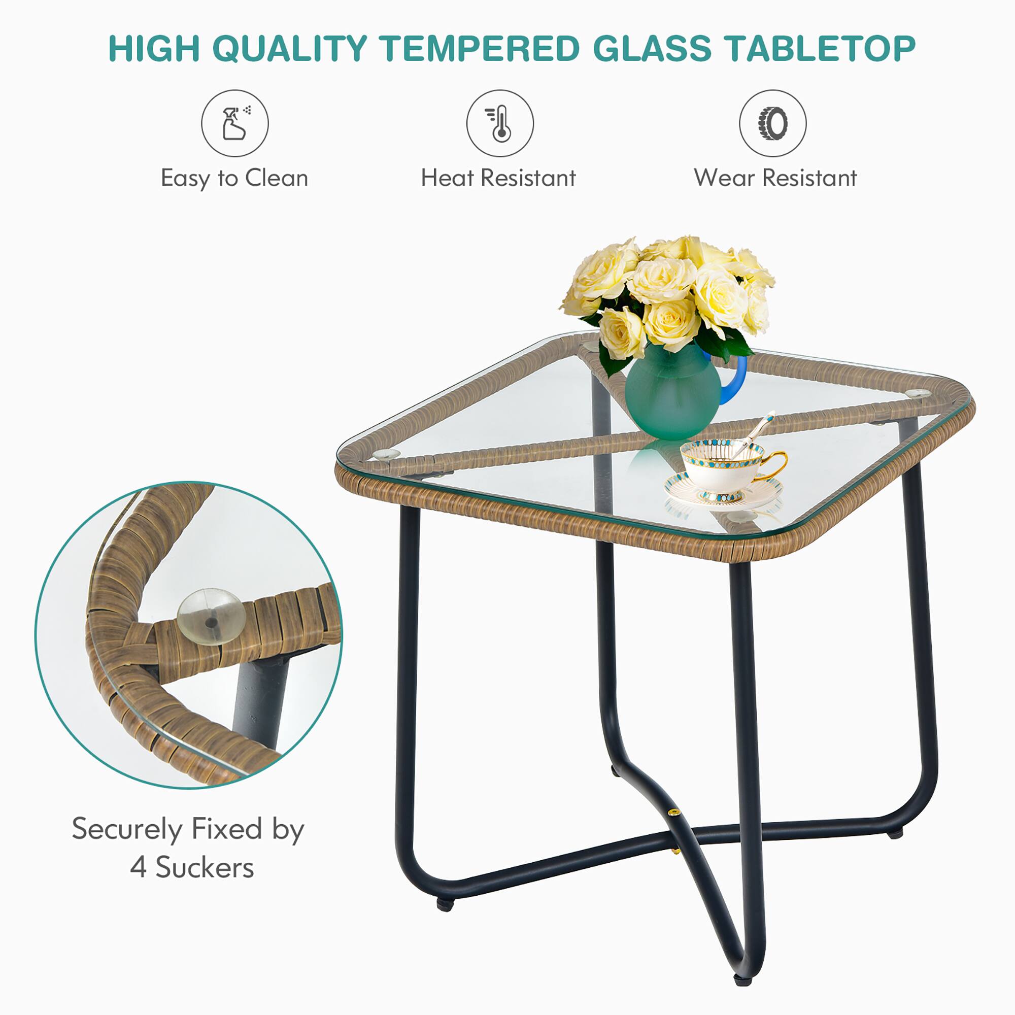 HIGH QUALITY TEMPERED GLASS TABLETOP

Easy to Clean
Heat Resistant
Wear Resistant
Securely Fixed by 4 Suckers