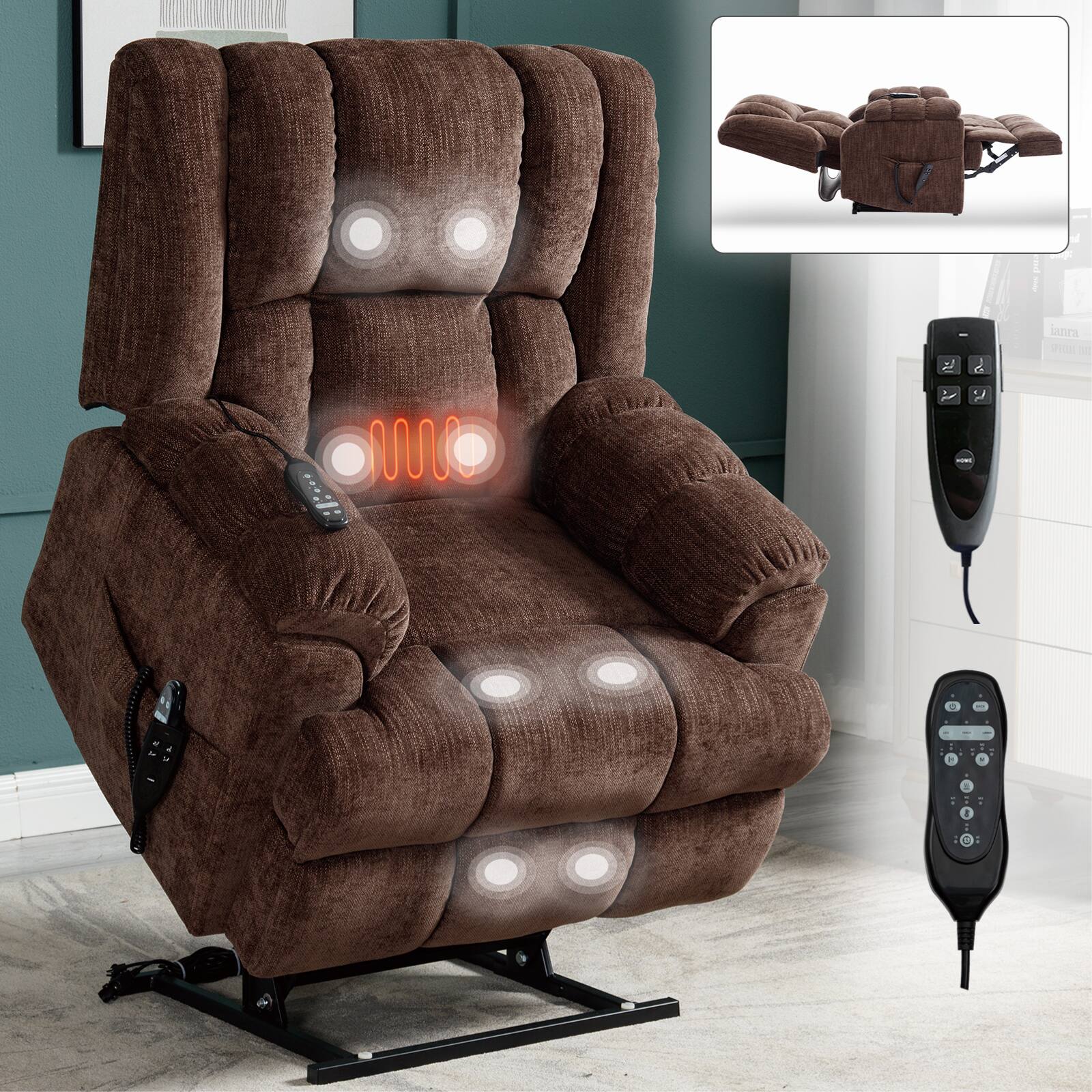 Angle. GOODSILO - Electric Power Lift Recliner Chair with Dual Motor, Massage & Heat, Infinite Position, Heavy Duty, Up to 350 LBS - Brown.