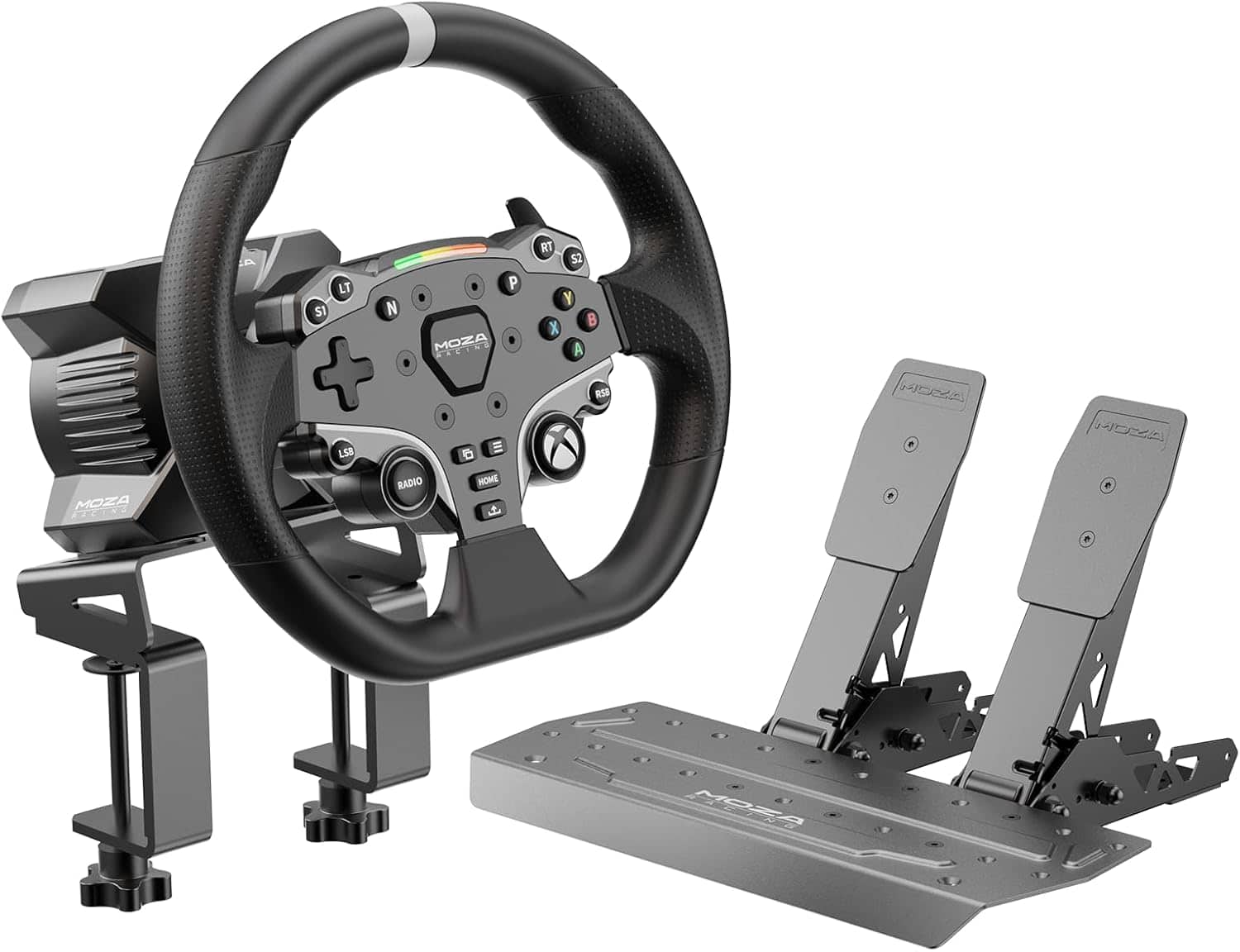 A steering wheel is shown with a grey and black color scheme. The wheel is attached to a steering wheel stand, which is connected to a radio. The radio is likely part of a racing game setup, as it is designed to provide an immersive gaming experience. The steering wheel is compatible with the radio, allowing for a seamless and enjoyable gaming experience.