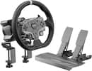 A steering wheel is shown with a grey and black color scheme. The wheel is attached to a steering wheel stand, which is connected to a radio. The radio is likely part of a racing game setup, as it is designed to provide an immersive gaming experience. The steering wheel is compatible with the radio, allowing for a seamless and enjoyable gaming experience.