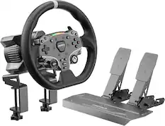 A steering wheel is shown with a grey and black color scheme. The wheel is attached to a steering wheel stand, which is connected to a radio. The radio is likely part of a racing game setup, as it is designed to provide an immersive gaming experience. The steering wheel is compatible with the radio, allowing for a seamless and enjoyable gaming experience.