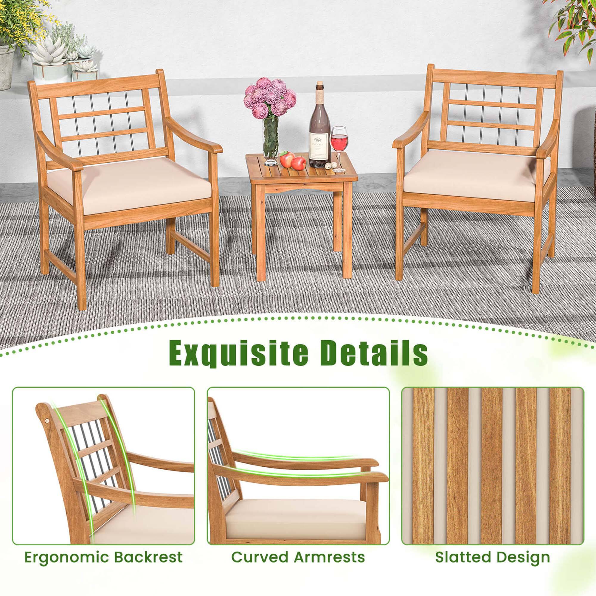 The image features two wooden chairs with an exquisite design. They have an ergonomic backrest and curved armrests, providing comfort and support. The chairs are arranged on a wooden table, which also has a slatted design. The table is adorned with a bottle of wine and some fruit, creating an inviting and cozy atmosphere.