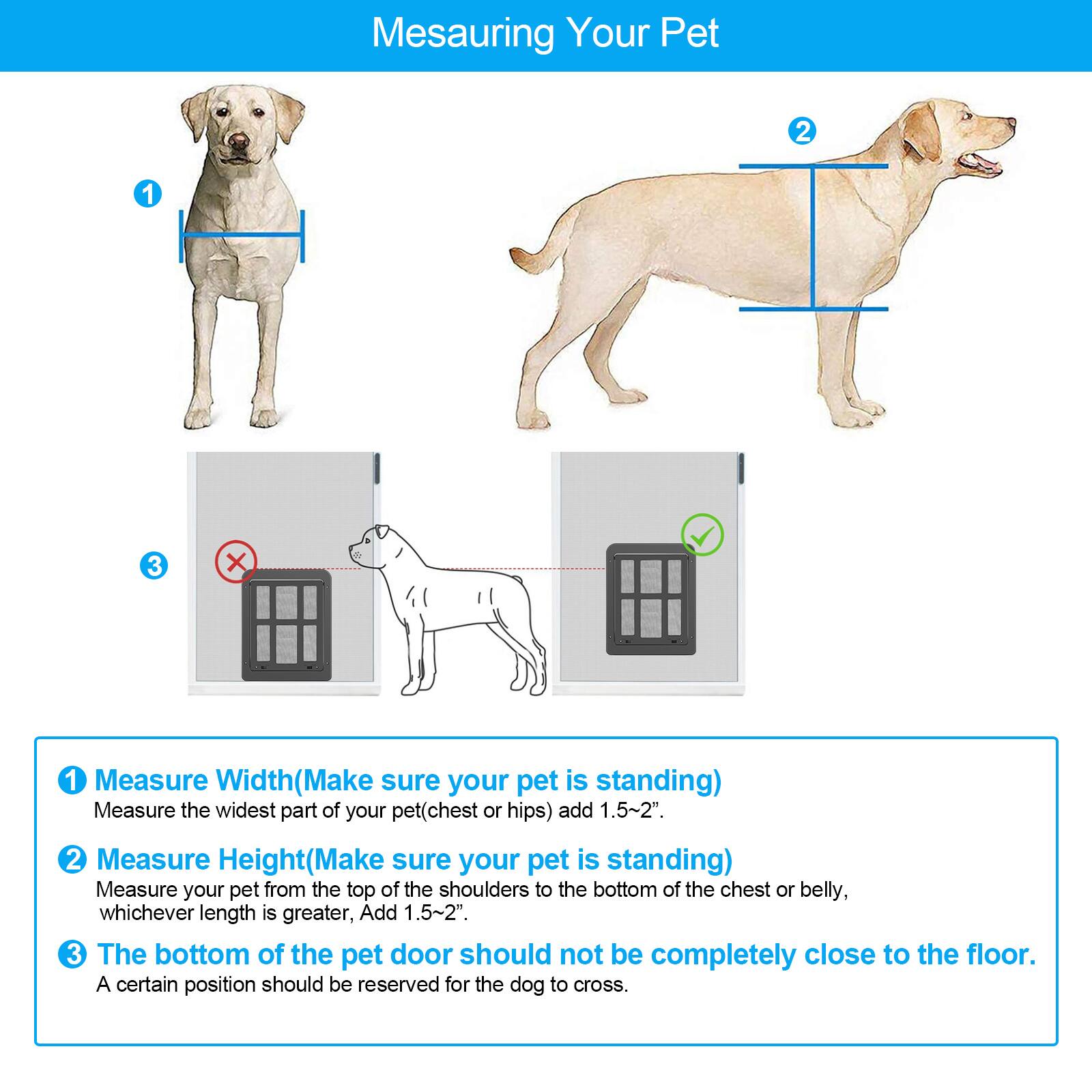 Measuring Your Pet

1. Measure Width (Make sure your pet is standing)
   - Measure the widest part of your pet (chest or hips) and add 1.5~2".

2. Measure Height (Make sure your pet is standing)
   - Measure your pet from the top of the shoulders to the bottom of the chest or belly, whichever length is greater, add 1.5~2".

3. The bottom of the pet door should not be completely close to the floor.
   - A certain position should be reserved for the dog to cross.