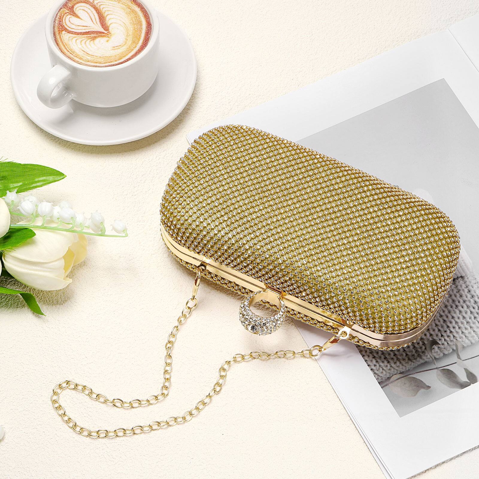 Alt View 5. Unique Bargains - Sparkly Rhinestone Evening Clutch Purse for Women, Vintage Crystal Ring Clasp Handbag for Bridal Wedding 1920s Party - Gold.
