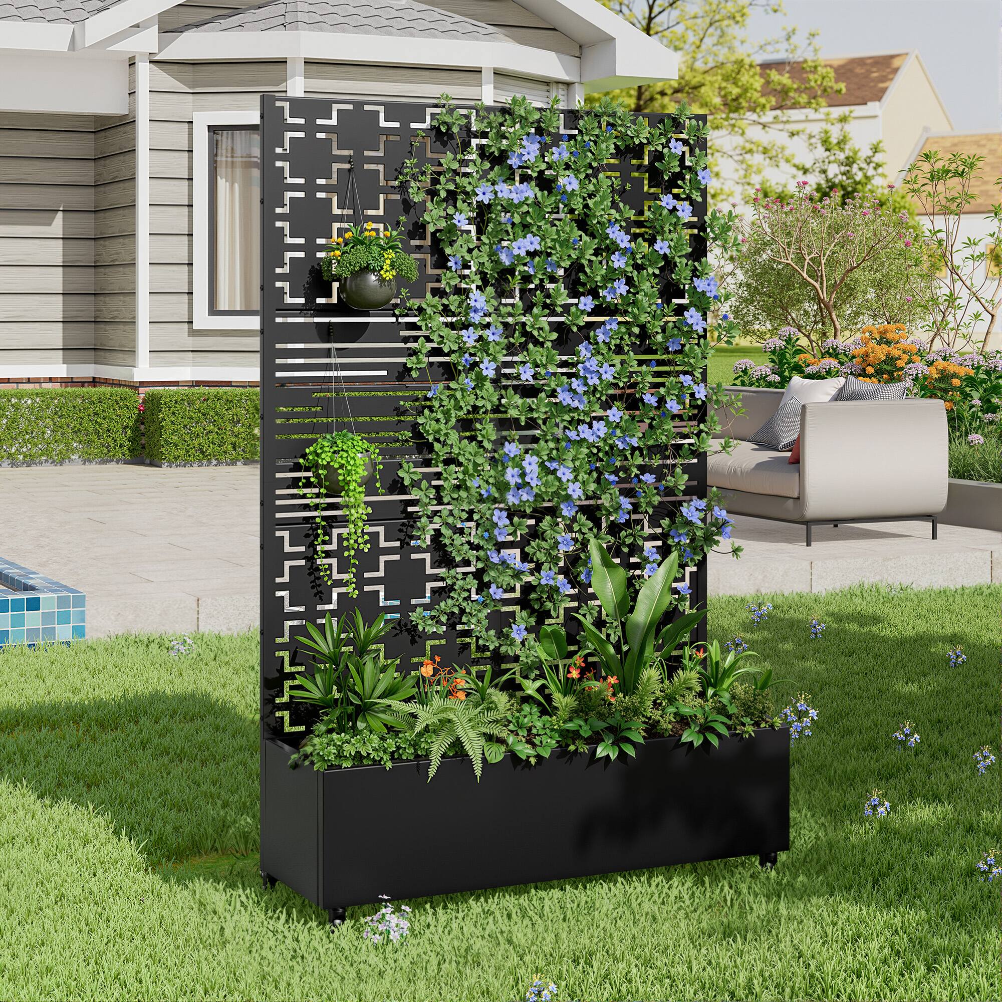 Alt View 2. PexFix - 72 in. H x 47 in. W Squine Pattern Rectangle Metal Planter Box Raised Garden Beds with Trellis-Ideal for Balcony - Black.