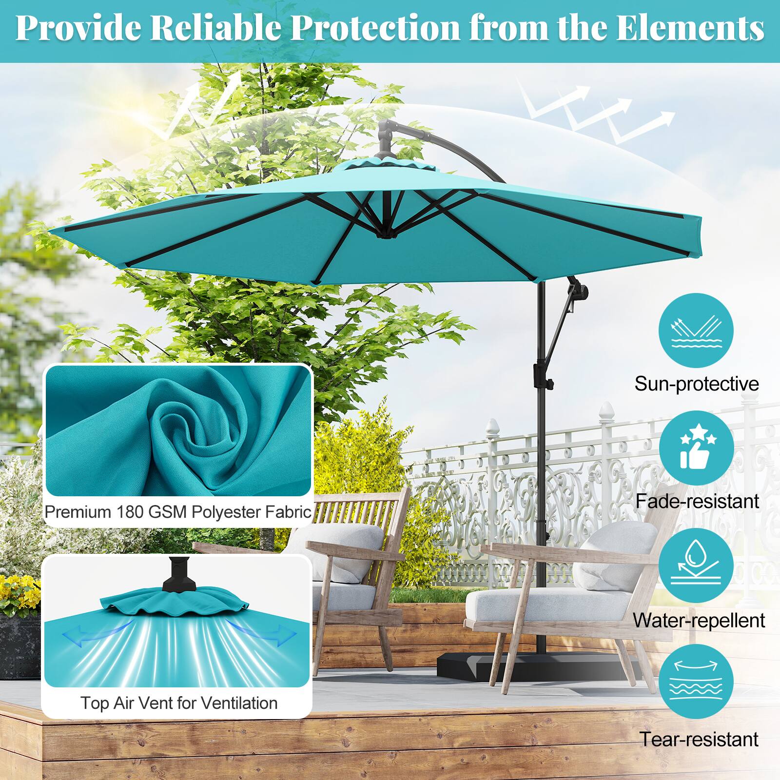 Provide Reliable Protection from the Elements

Sun-protective
Fade-resistant
Water-repellent
Tear-resistant

Top Air Vent for Ventilation

Premium 180 GSM Polyester Fabric