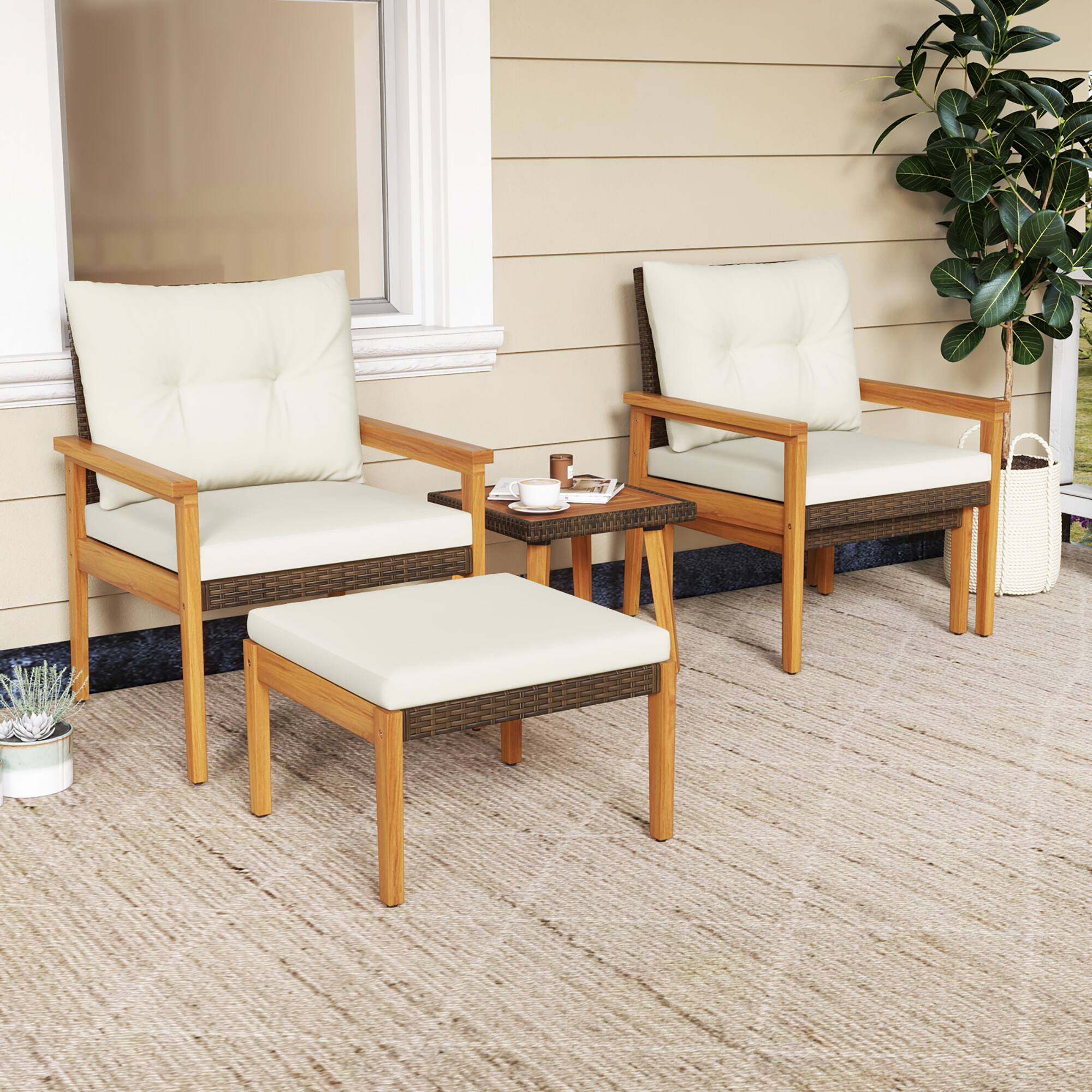 Alt View 4. Gymax - Gymax 5 Piece Rattan Furniture Set Wood Frame Chairs & Ottomans w/ Square Coffee Table - Off White.