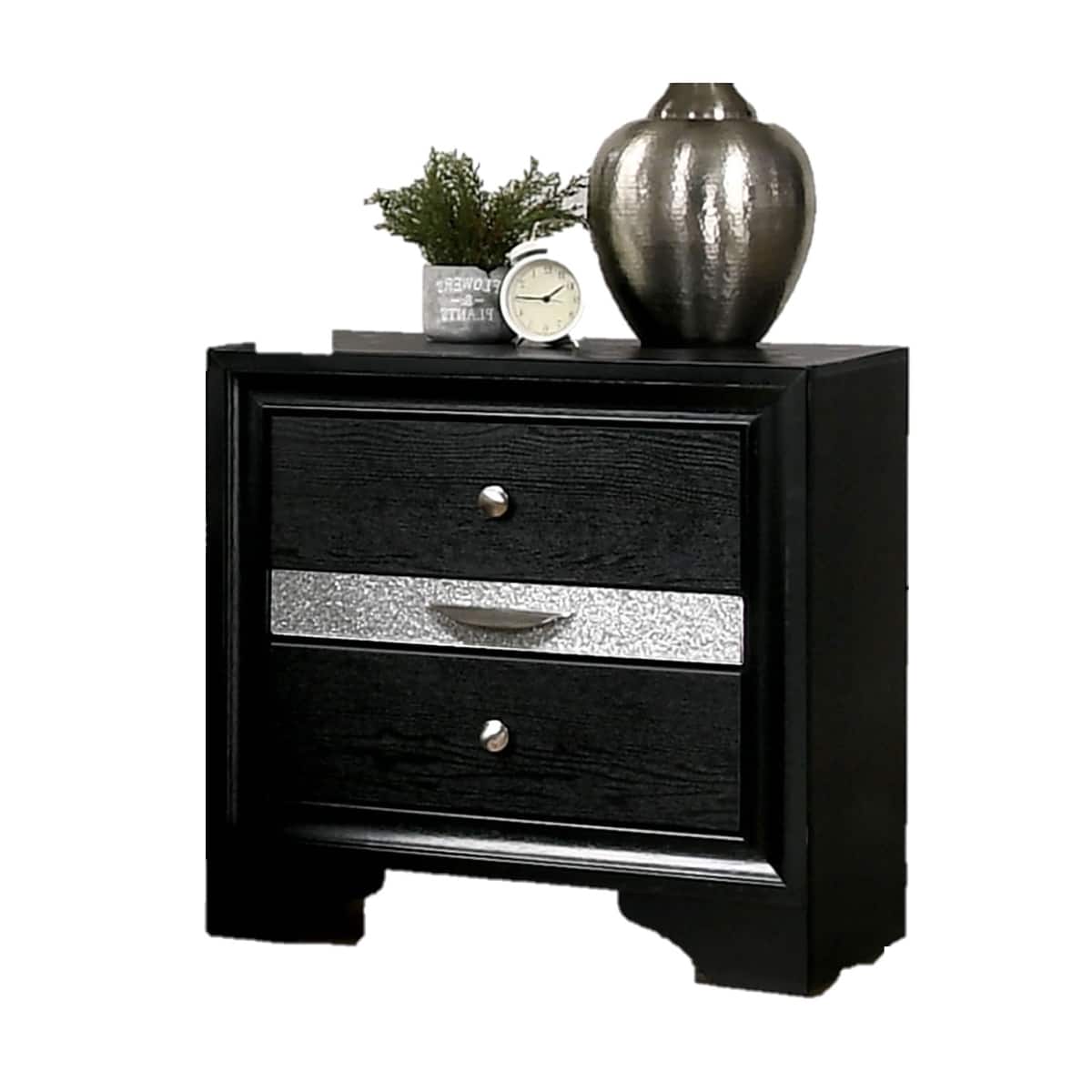 Loheer - Contemporary Nightstand with Hidden Jewelry Drawer and Silver Accents - Black