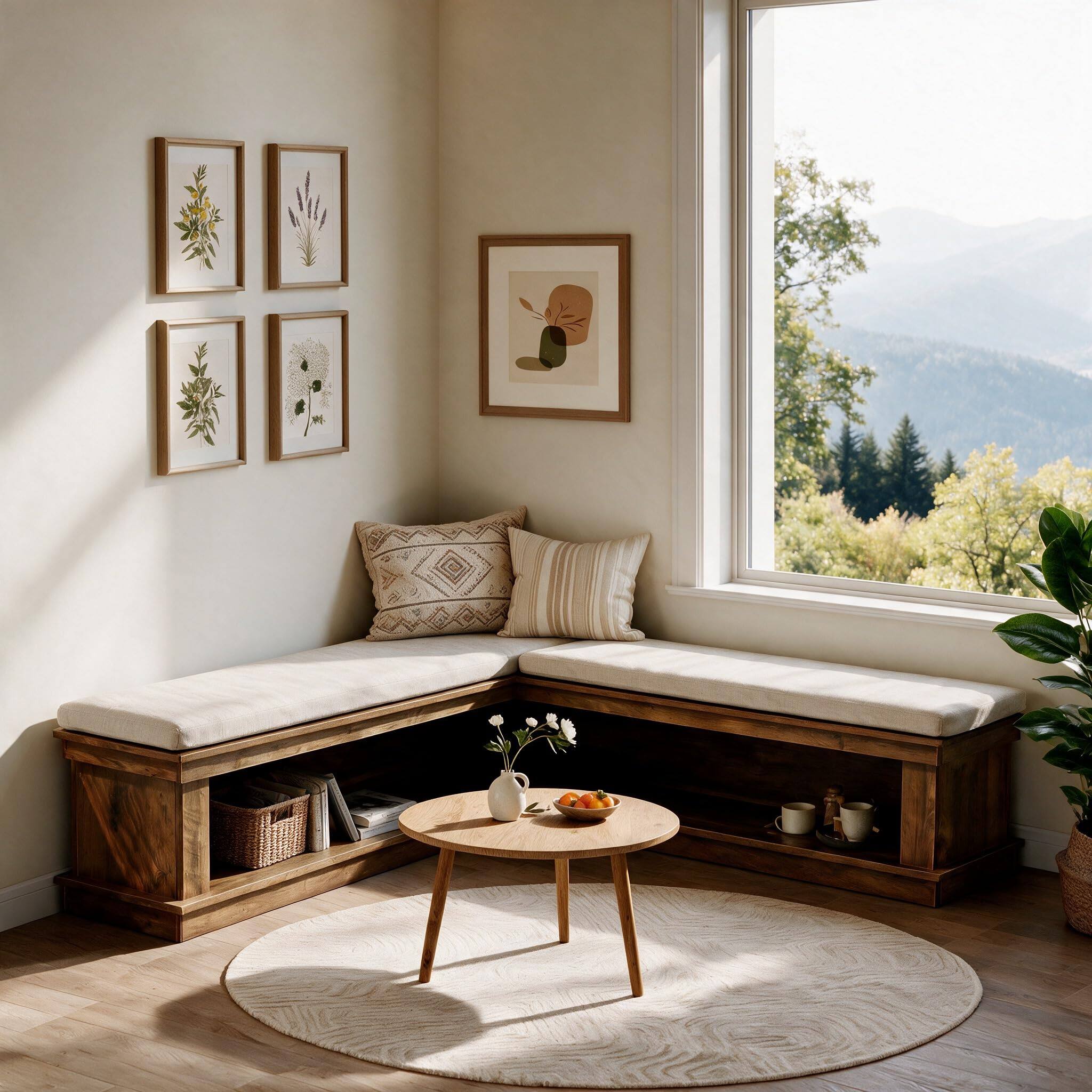 Alt View 1. Tribesigns - 55" L-Shaped Corner Storage Bench with Cushion - Rustic Brown & White.