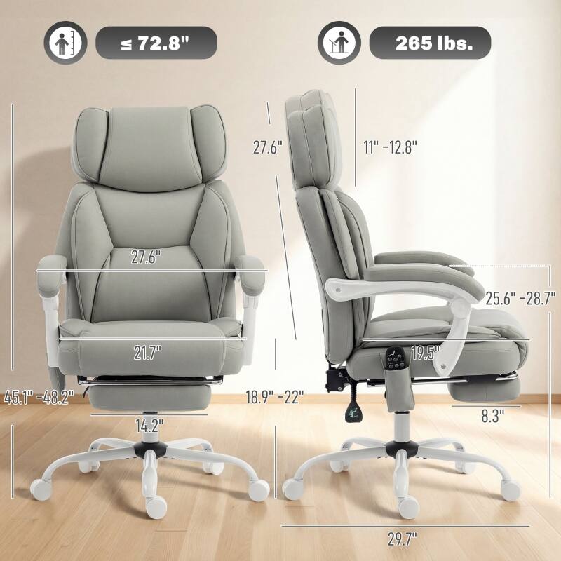 - Height: ≤ 72.8"
- Weight Capacity: 265 lbs.
- Seat Height: 14.2"
- Seat Depth: 19.5"
- Seat Width: 21.7"
- Back Height: 27.6"
- Back Width: 27.6"
- Armrest Height: 11" - 12.8"
- Armrest Width: 25.6" - 28.7"
- Base Width: 45.1" - 48.2"
- Base Height: 8.3"
- Overall Height: 29.7"