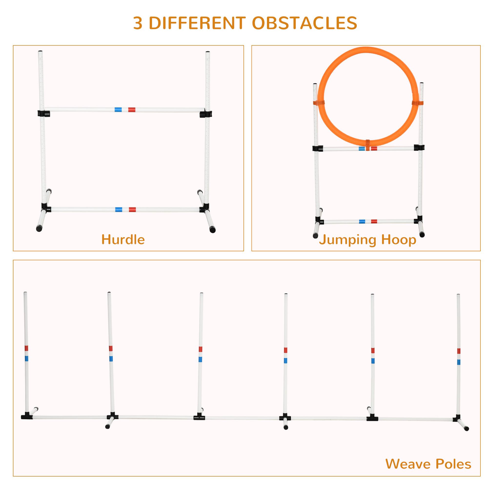 3 DIFFERENT OBSTACLES

Hurdle

Jumping Hoop

Weave Poles