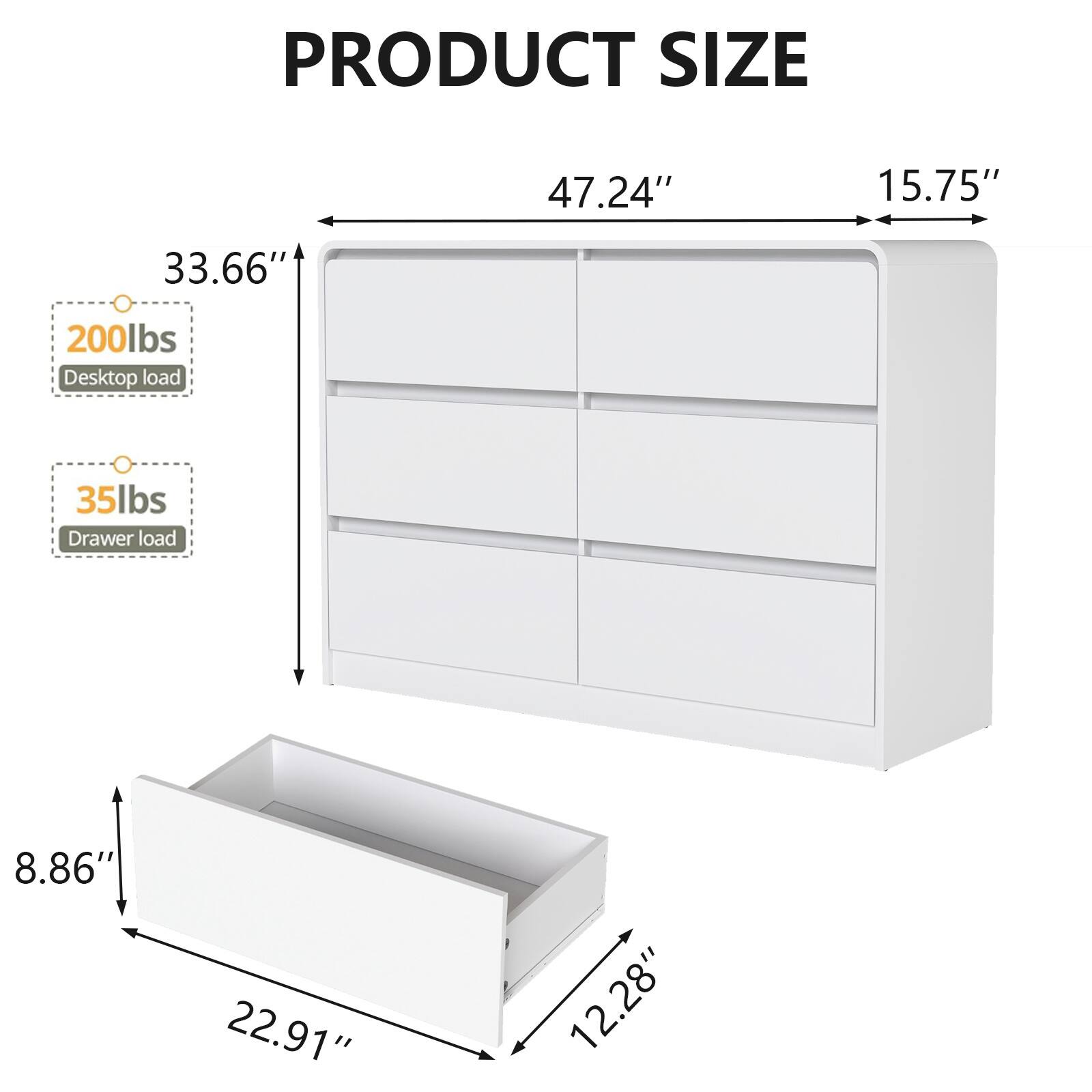 PRODUCT SIZE  
47.24" x 15.75" x 33.66"  
Desktop load: 200lbs  
Drawer load: 35lbs  
Drawer dimensions: 22.91" x 12.28" x 8.86"