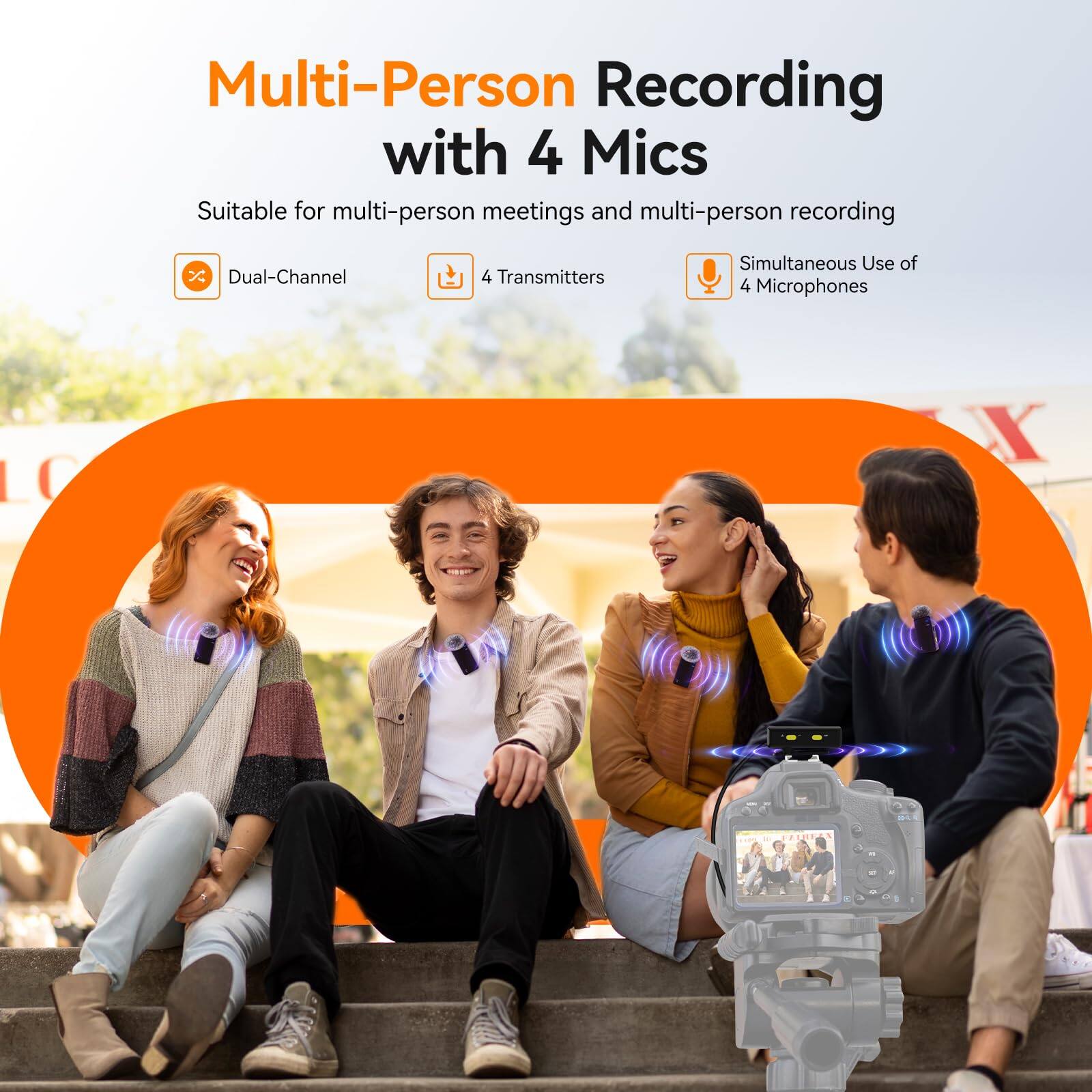 Multi-Person Recording with 4 Mics

Suitable for multi-person meetings and multi-person recording

- Dual-Channel
- 4 Transmitters
- Simultaneous Use of 4 Microphones