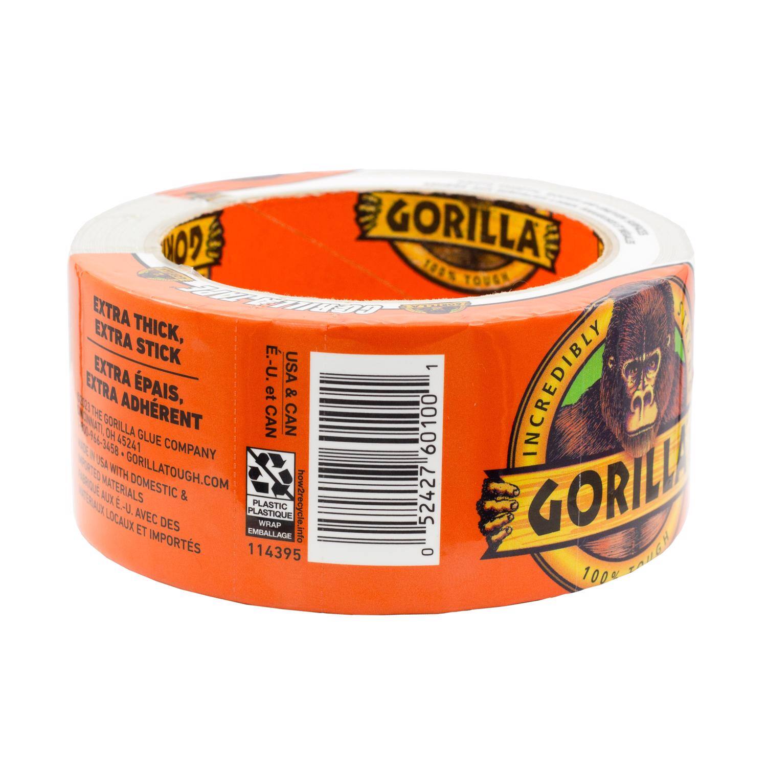 GORILLA  
100% TOUGH  
EXTRA THICK, EXTRA STICK  
EXTRA ÉPAIS, EXTRA ADHÉRENT  
INCREDIBLY TOUGH  
INCROYABLEMENT SOLIDE  

THE GORILLA GLUE COMPANY  
GORILLATOUGH.COM  

USA  
OH 45241  

PLASTIC WRAP  
EMBALLAGE PLASTIQUE  

how2recycle.info  

114395  

052427 060100