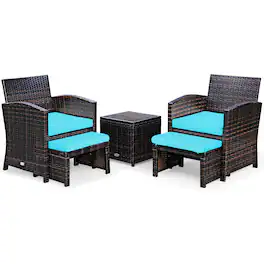 Gymax - 5PCS Rattan Patio Furniture Set Chair & Ottoman Set w/ Cushions - Turquoise