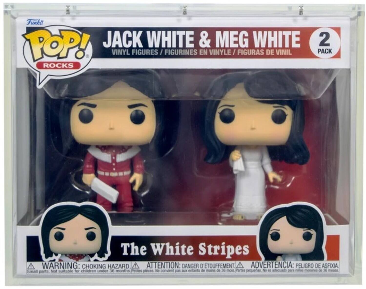 Funko POP!  
ROCKS  

JACK WHITE & MEG WHITE  
VINYL FIGURES / FIGURINES EN VINYLE / FIGURAS DE VINIL  

2 PACK  

The White Stripes  

WARNING: CHOKING HAZARD  
ATTENTION: DANGER D'ÉTOUFFEMENT  
ADVERTENCIA: PELIGRO DE ASFIXIA  

Small parts. Not suitable for children under 36 months  
Petites pièces. Ne convient pas aux enfants de moins de 36 mois  
Partes pequeñas. No es adecuado para niños menores de 36 meses
