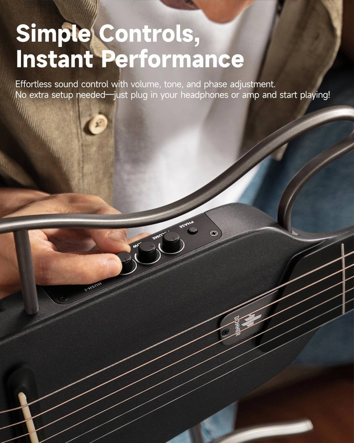 Simple Controls, Instant Performance Effortless sound control with volume, tone, and phase adjustment. No extra setup needed—just plug in your headphones or amp and start playing! -LUME Mr PHASE IHSNH DONNER