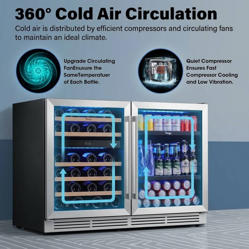 360° Cold Air Circulation  
Cold air is distributed by efficient compressors and circulating fans to maintain an ideal climate.  

Upgrade Circulating Fan to Ensure the Same Temperature of Each Bottle.  

Quiet Compressor Ensures Fast Compressor Cooling and Low Vibration.  

Veego  
Carlow Elealada Bading  
Veoge  
A 5454  
Beauthles  
LASH  
LESS  
LASH  
10