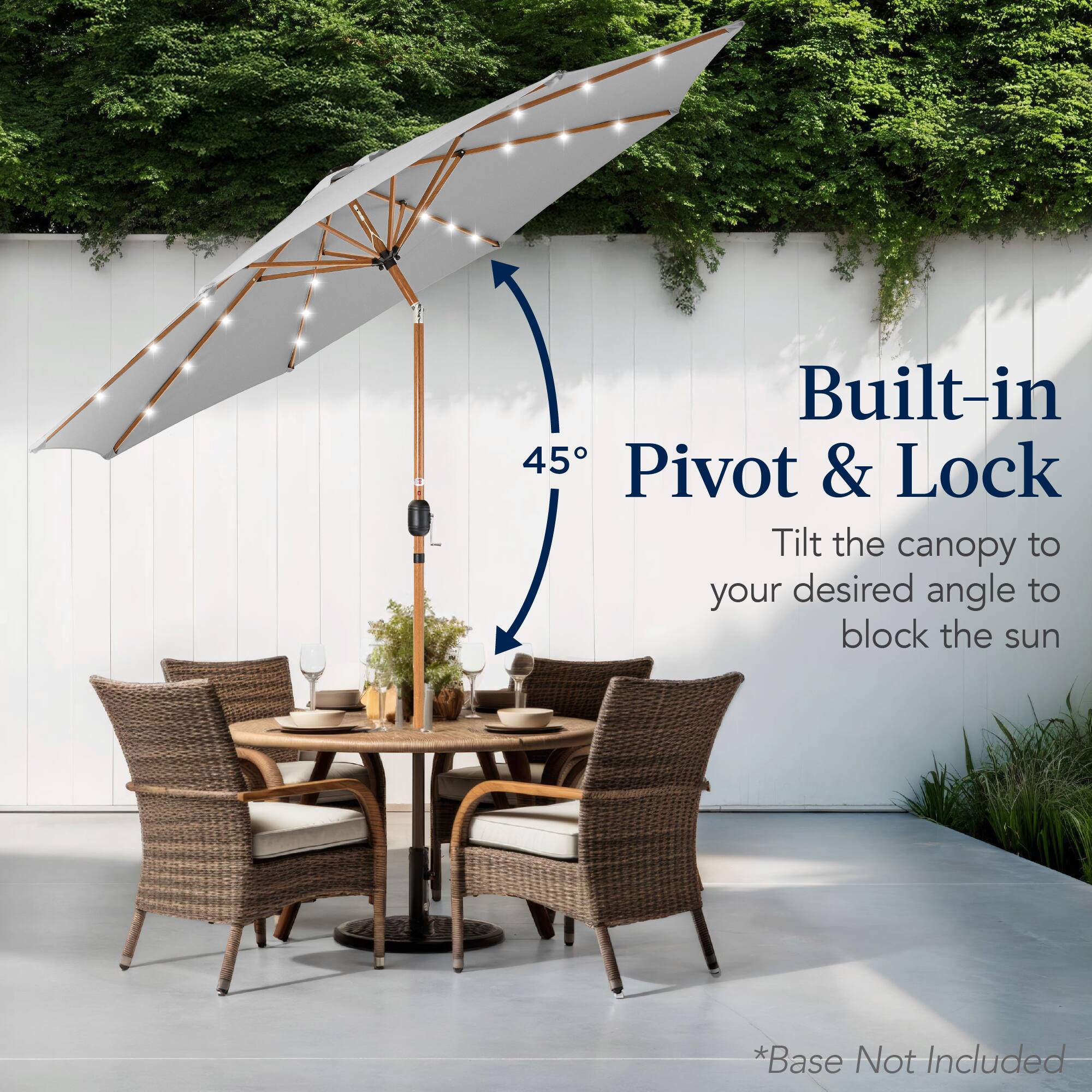 Built-in 45° Pivot & Lock: Tilt the canopy to your desired angle to block the sun. *Base Not Included