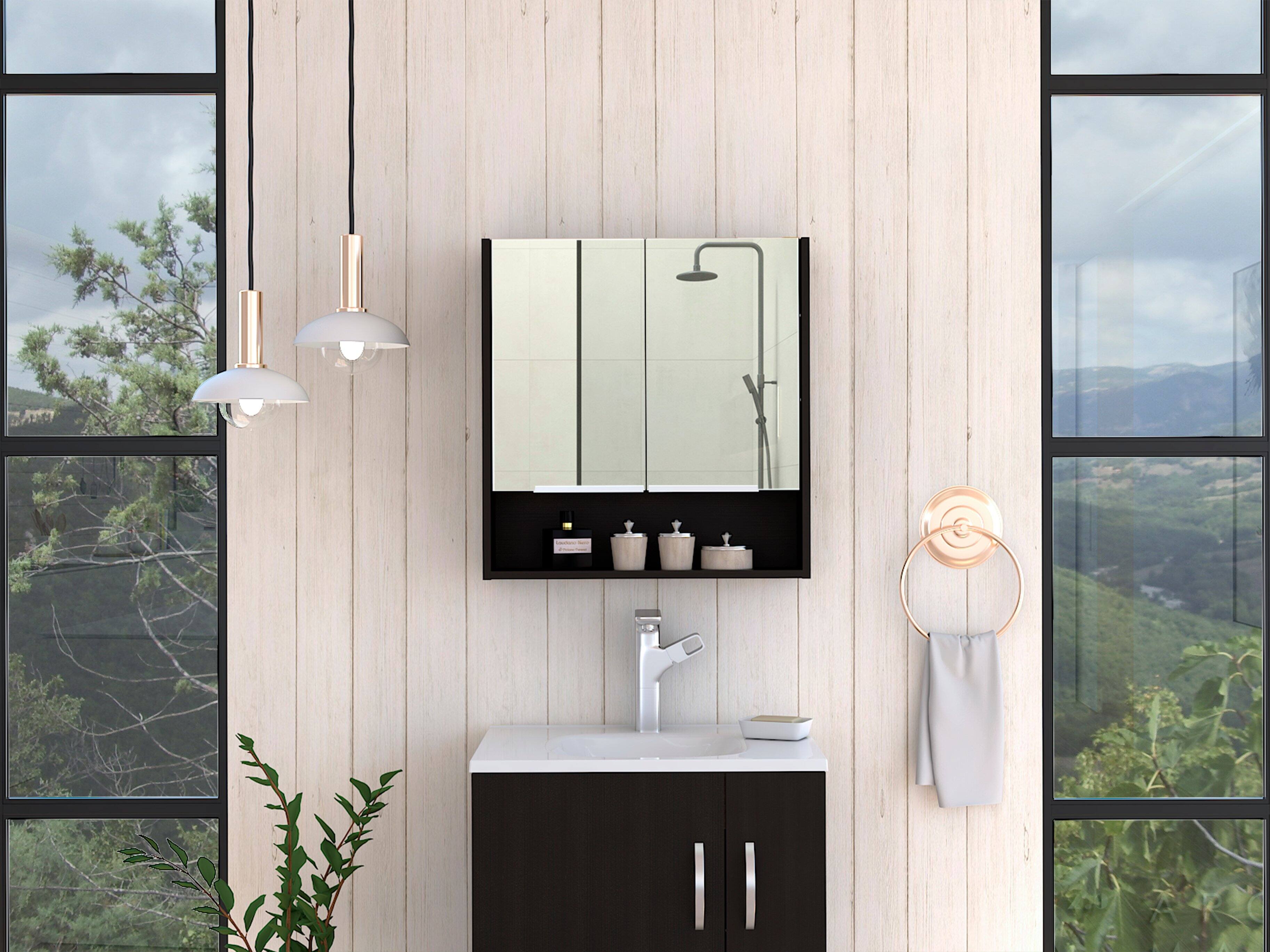 Angle. TuHome - Jaspe Mirror Cabinet, Three Internal Shelves, One Open Shelf, Double Door Cabinet - Black.