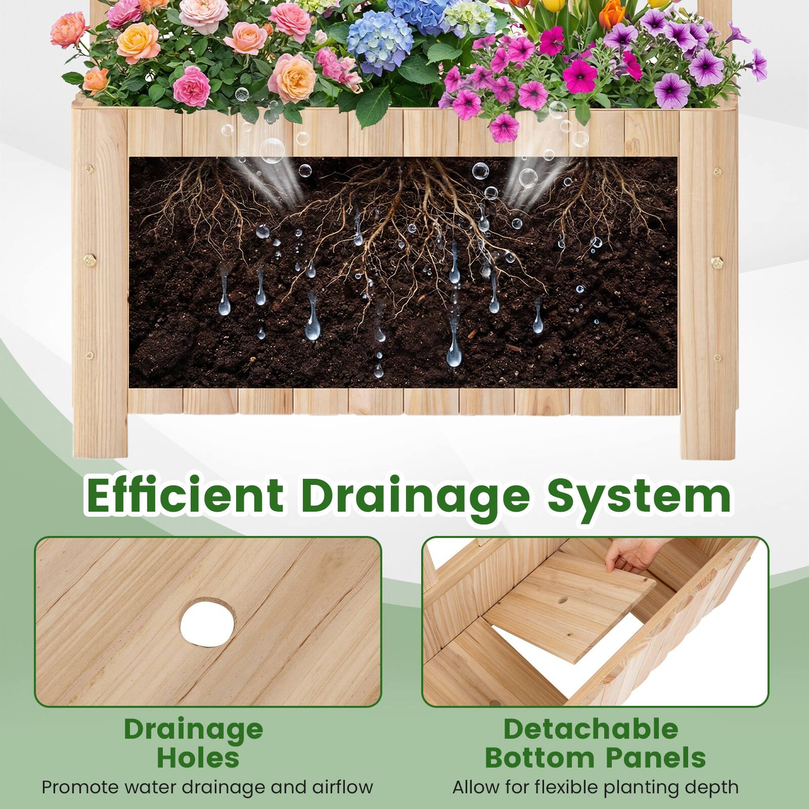 Efficient Drainage System

Drainage Holes
Promote water drainage and airflow

Detachable Bottom Panels
Allow for flexible planting depth