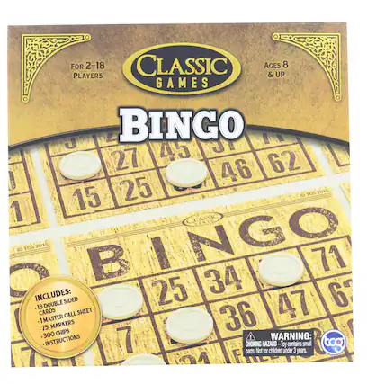 FOR 2-18 CLASSIC AGES 8 PLAYERS & UP GAMES
BINGO
INCLUDES:
- 18 DOUBLE SIDED CARDS
- 1 MASTER CALL SHEET
- 75 MARKERS
- 300 CHIPS
- INSTRUCTIONS
WARNING: CHOKING HAZARD - Toy contains small parts. Not for children under 3 years.