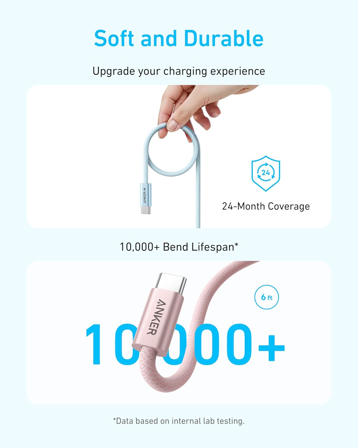 Soft and Durable  
Upgrade your charging experience  

24-Month Coverage  

10,000+ Bend Lifespan*  

6 ft  

*Data based on internal lab testing.