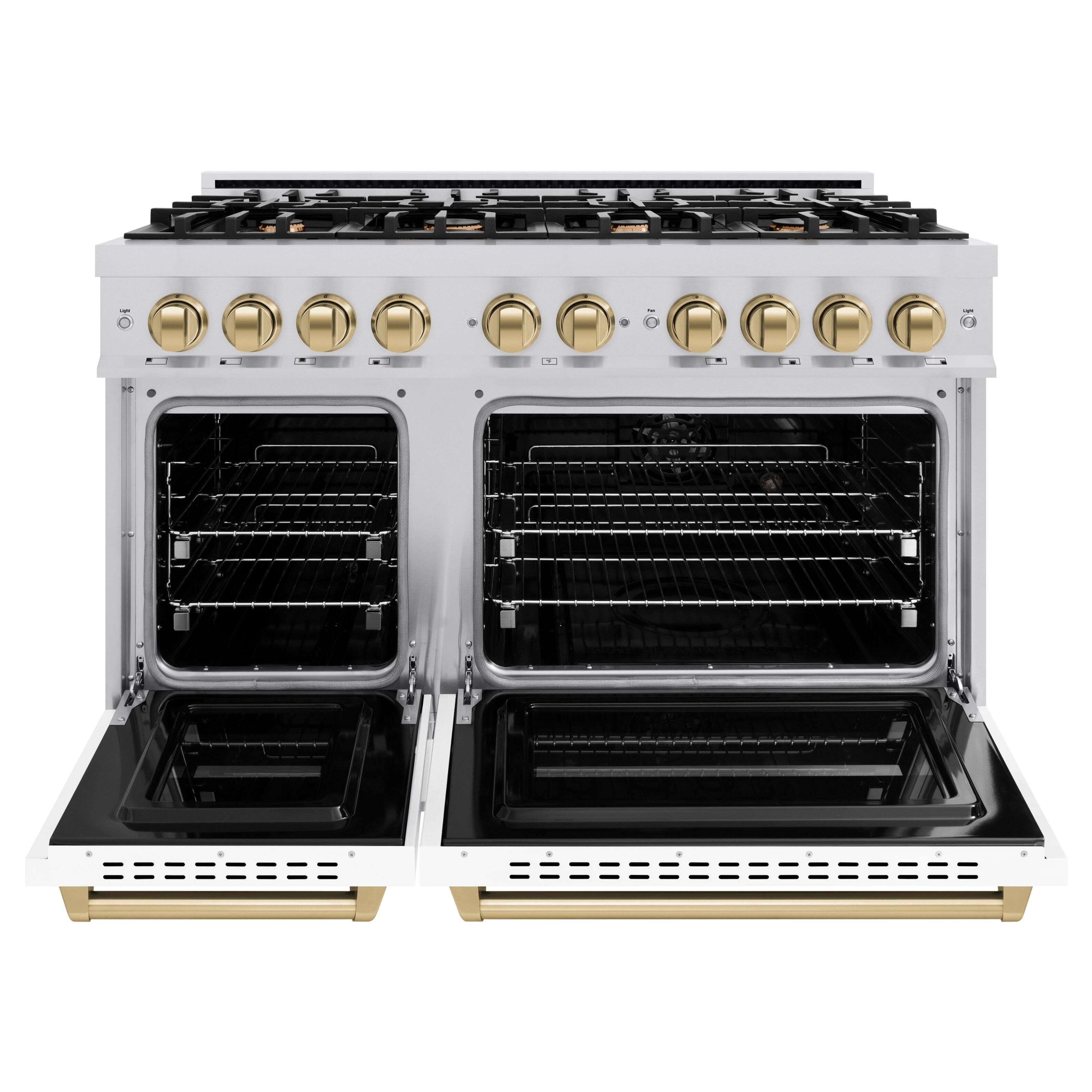 Angle. ZLINE - ZLINE Autograph 48" Classic Gas Range with 8 Burners and Bronze Accents (CGRZ-WM-48-CB) - Satin Steel/White.