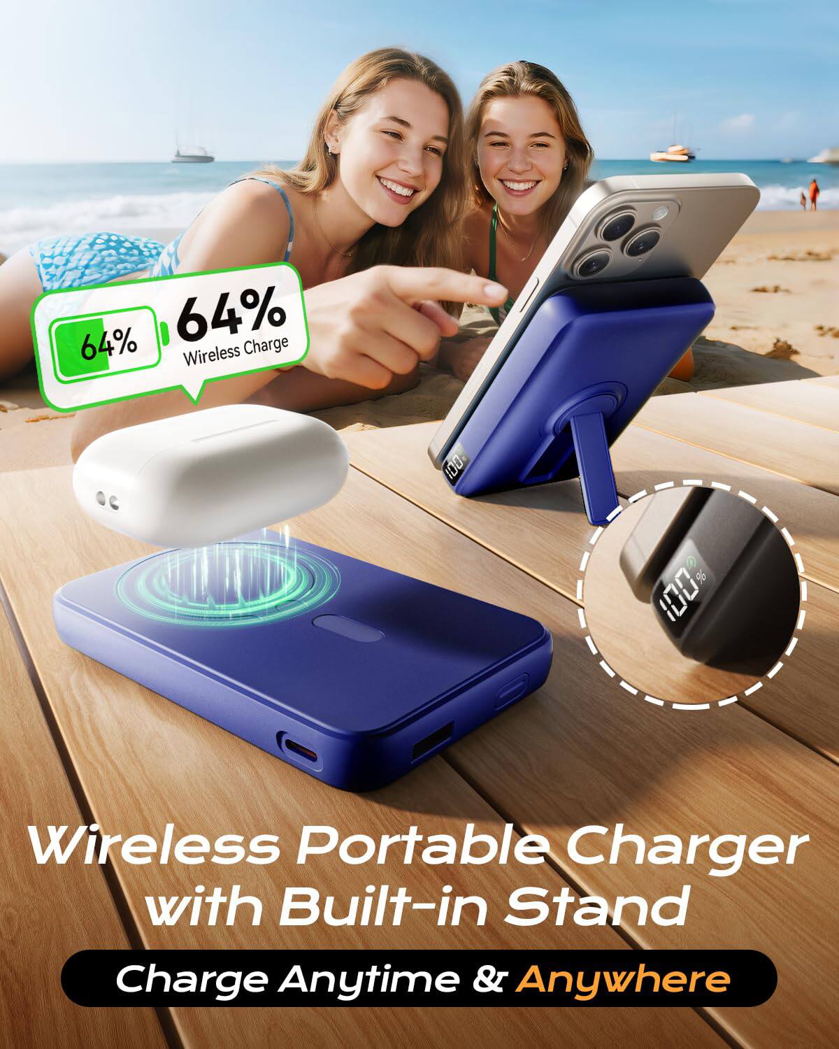 64% Wireless Charge QC 3.0 Wireless Portable Charger with Built-in Stand Charge Anytime & Anywhere