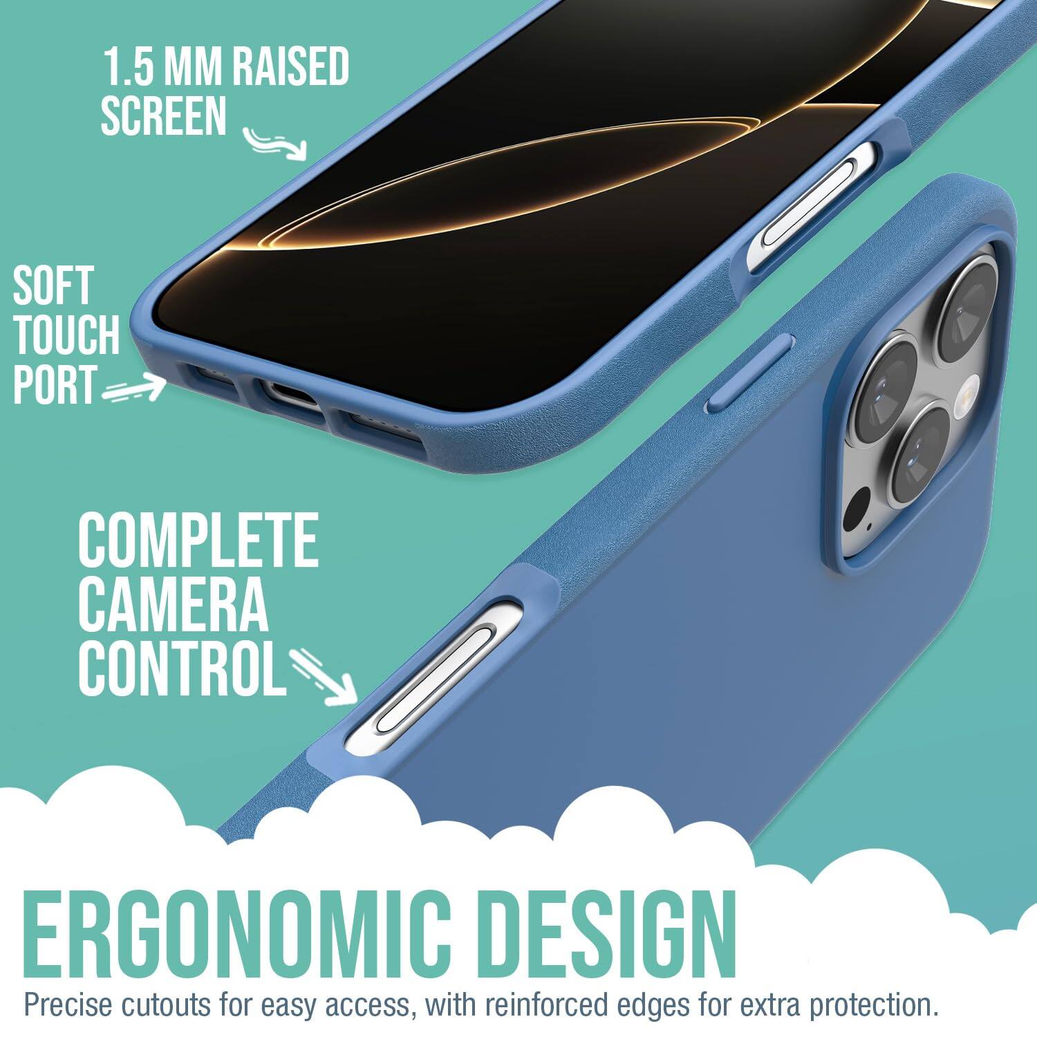 1.5 MM RAISED SCREEN  
SOFT TOUCH PORT  
COMPLETE CAMERA CONTROL  
ERGONOMIC DESIGN  

Precise cutouts for easy access, with reinforced edges for extra protection.