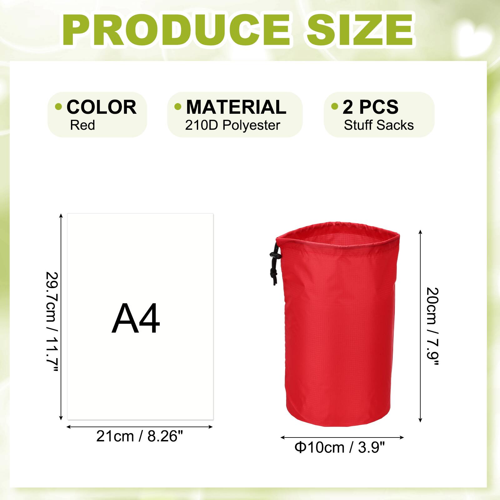 PRODUCE SIZE

- COLOR: Red
- MATERIAL: 210D Polyester
- 2 PCS Stuff Sacks

- A4: 21cm / 8.26"
- 29.7cm / 11.7"
- 20cm / 7.9"
- Ø10cm / 3.9"