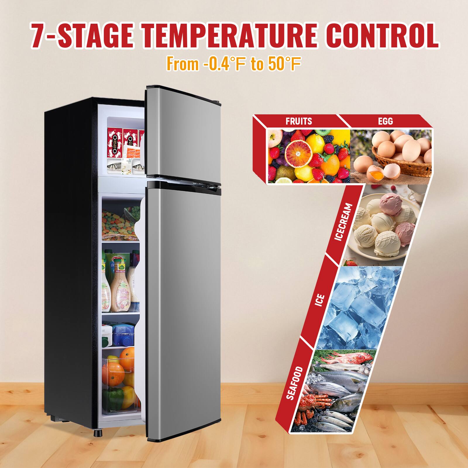 7-Stage Temperature Control  
From -0.4°F to 50°F  

Fruits  
Egg  
Ice Cream  
Ice  
Seafood