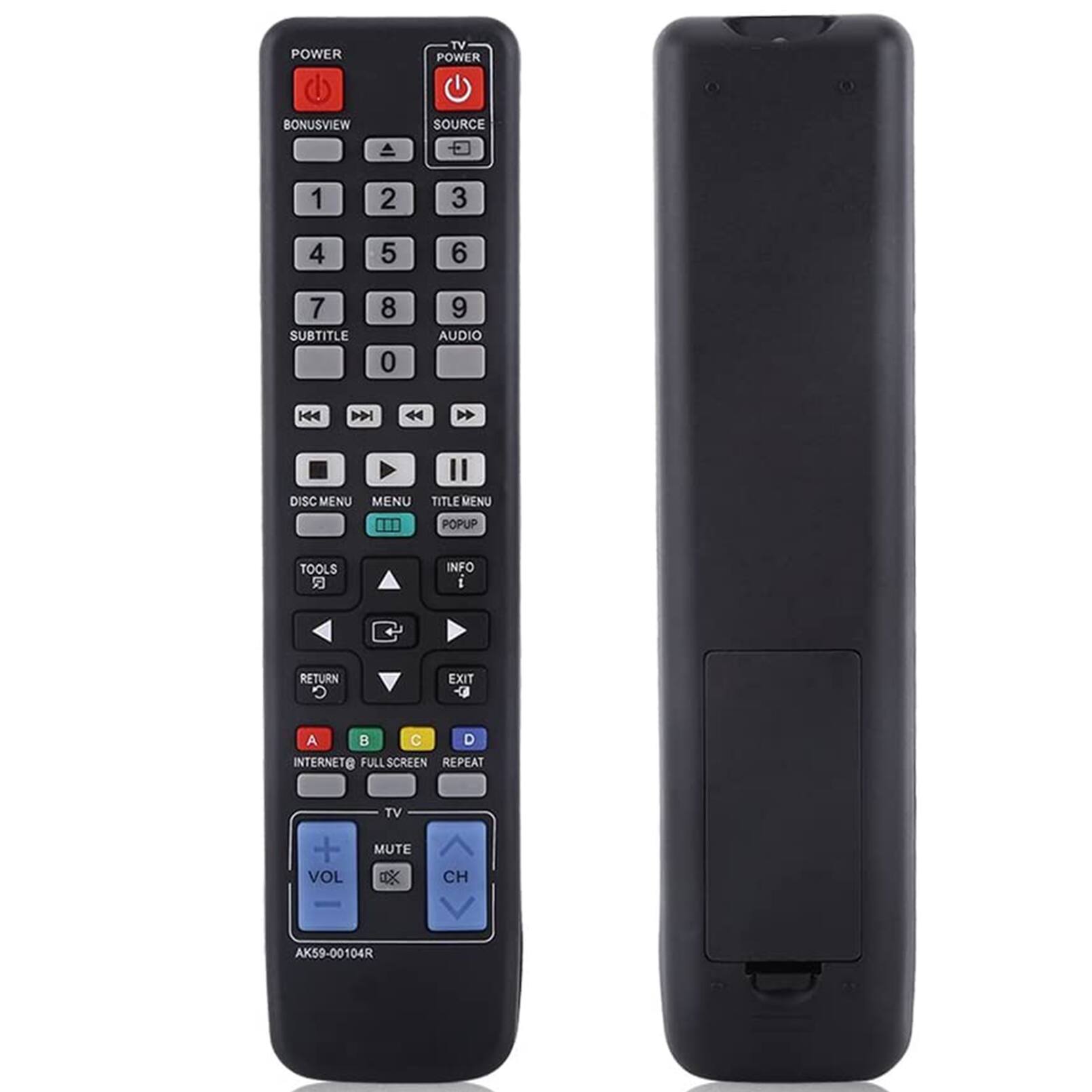 POWER TV POWER BONUSVIEW SOURCE 1 2 3 4 5 6 7 SUBTITLE 8 0 9 AUDIO DISC MENU MENU D II TITLE MENU POPUP TOOLS INFO I RETURN G EXIT A B C D INTERNETO FULLSCREEN REPEAT + VOL TV MUTE CH AK59-00104R