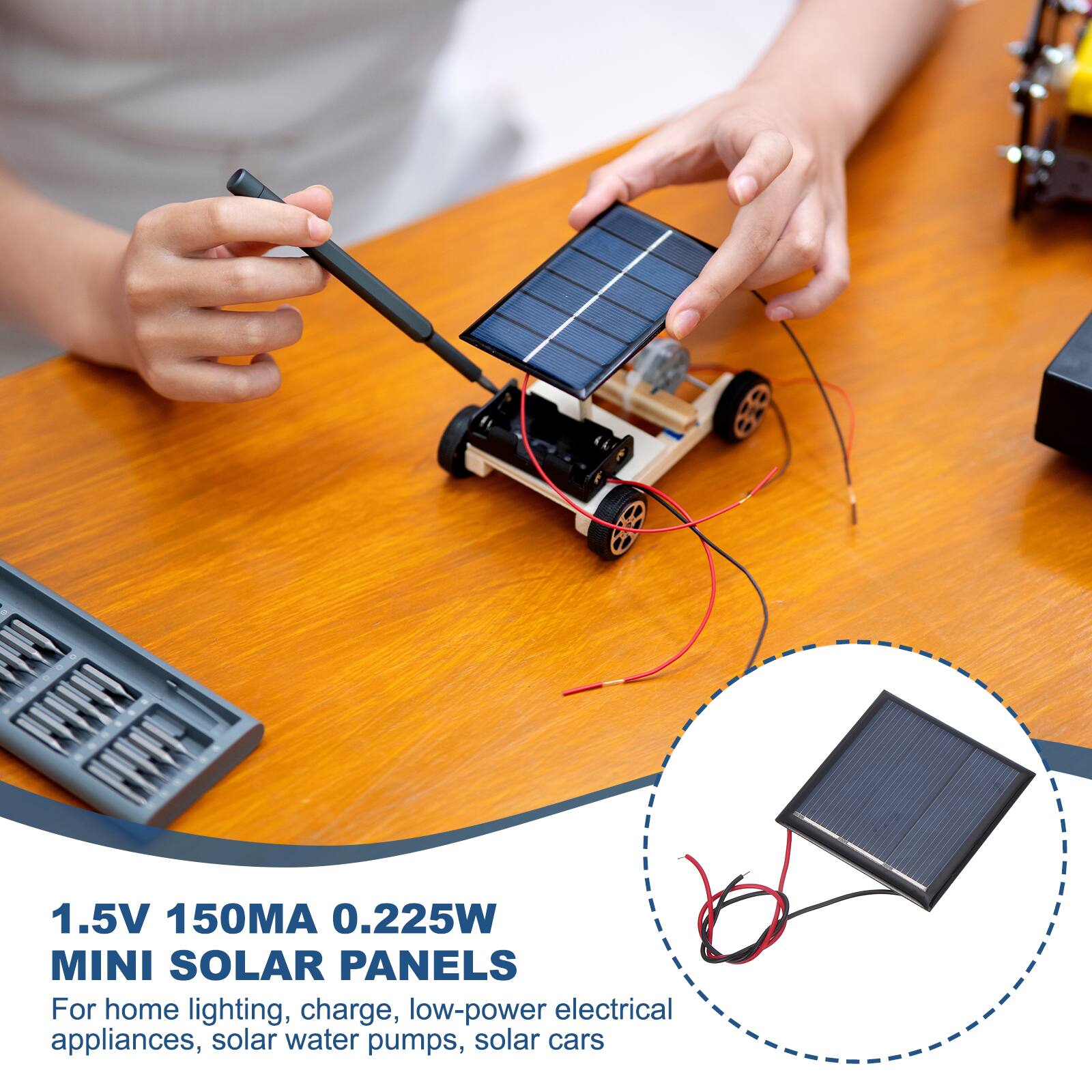 1.5V 150MA 0.225W MINI SOLAR PANELS

For home lighting, charge, low-power electrical appliances, solar water pumps, solar cars