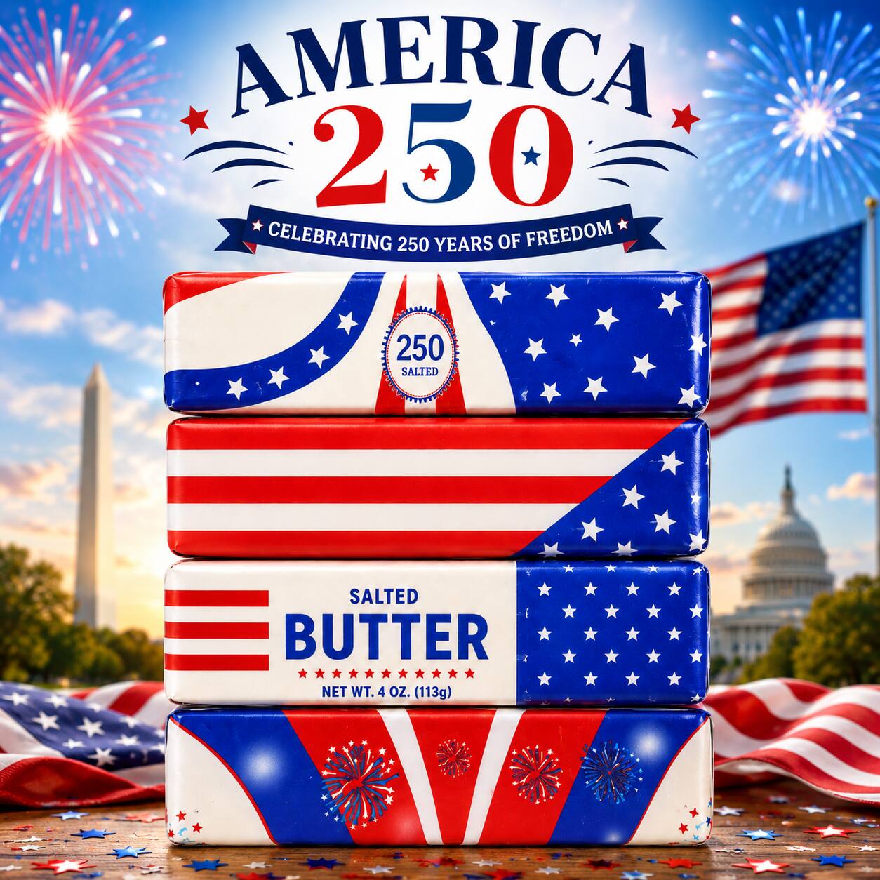 AMERICA 250 CELEBRATING 250 YEARS OF FREEDOM

250 SALTED BUTTER NET WT. 4 oz. (113g)