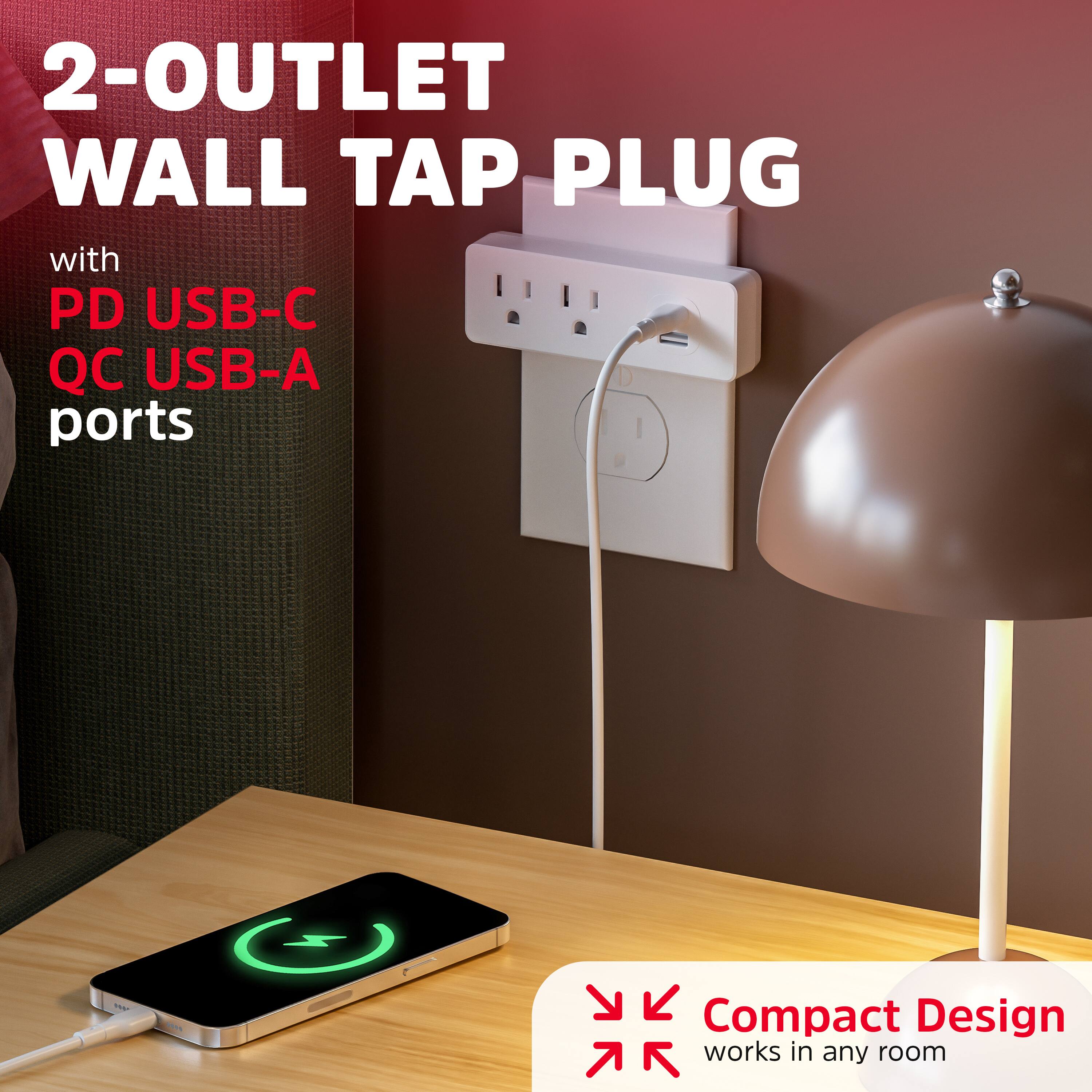2-OUTLET WALL TAP PLUG  
with PD USB-C QC USB-A ports  

Compact Design  
works in any room