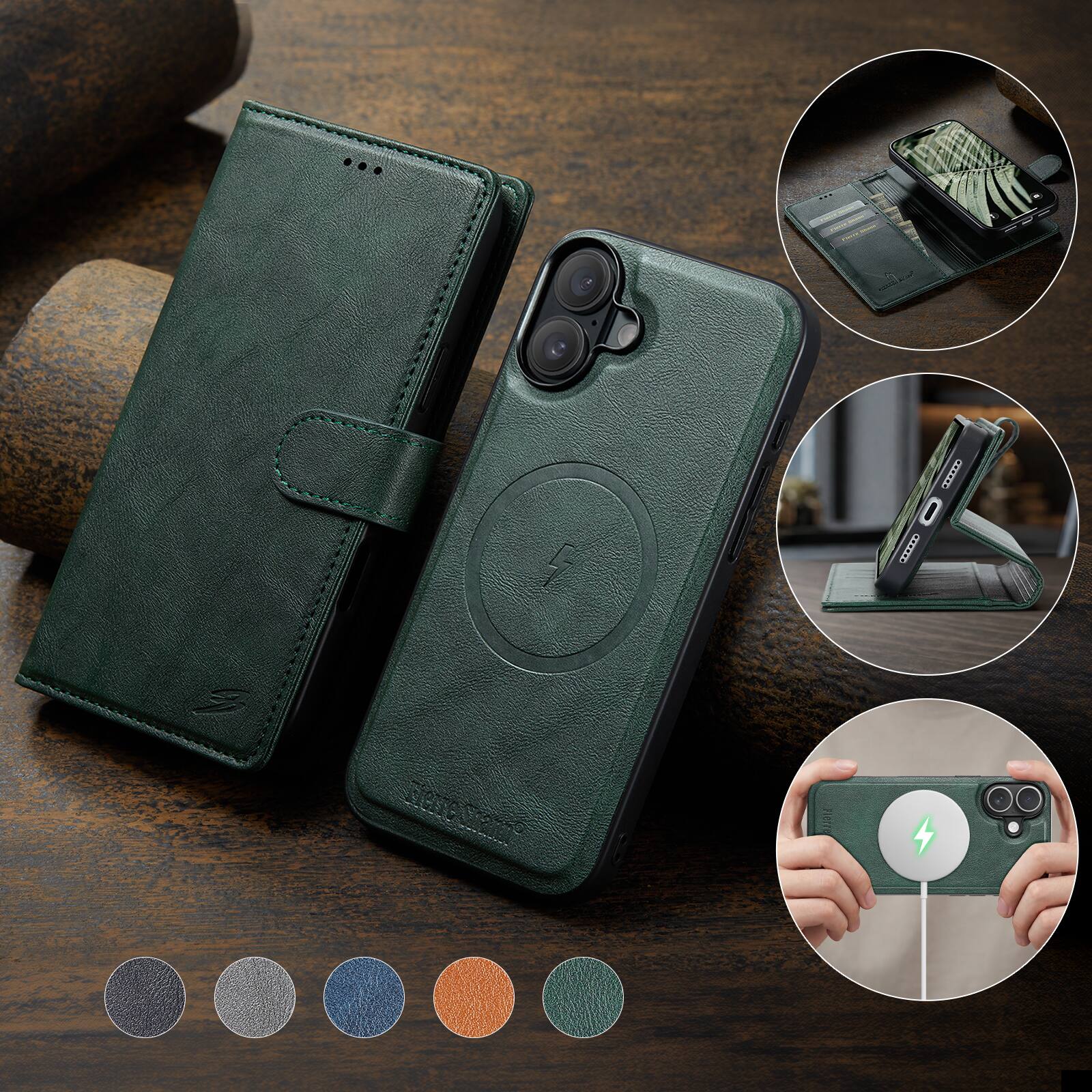 Angle. Dteck - For iPhone 17 RFID Wallet Case with Card Pocket Shockproof Leather 2-in-1 Detachable Back Cover - Green.