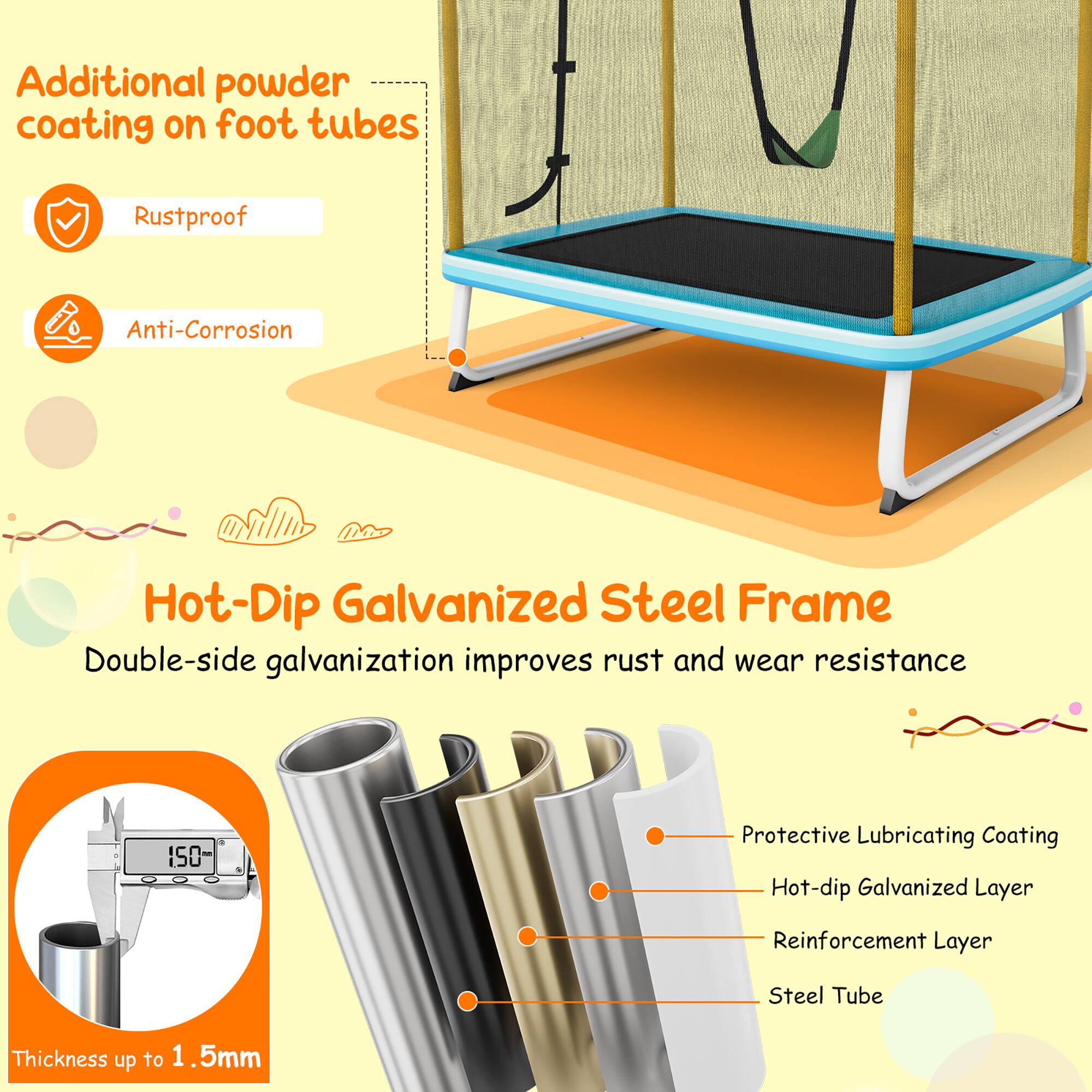 Additional powder coating on foot tubes

- Rustproof
- Anti-Corrosion

Hot-Dip Galvanized Steel Frame

Double-side galvanization improves rust and wear resistance

- Protective Lubricating Coating
- Hot-dip Galvanized Layer
- Reinforcement Layer
- Steel Tube

Thickness up to 1.5mm