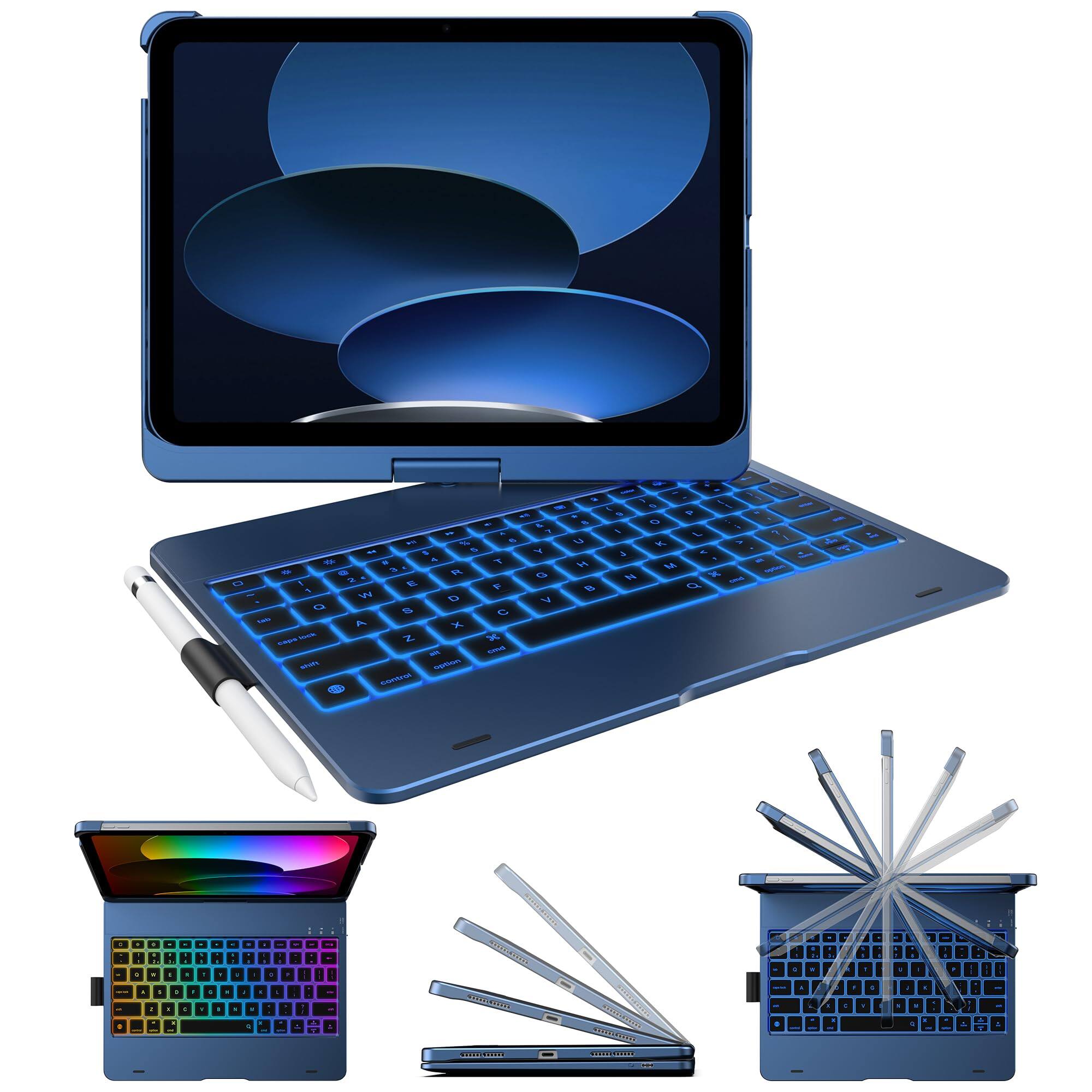 Pacoar Cade - Flexbook Case For Ipad 11th (a16 2025) And 10th Gen ( 2022) - No Trackpad 11-color Backlight 360° Rotatable 7 Use Modes - Midnight Blue