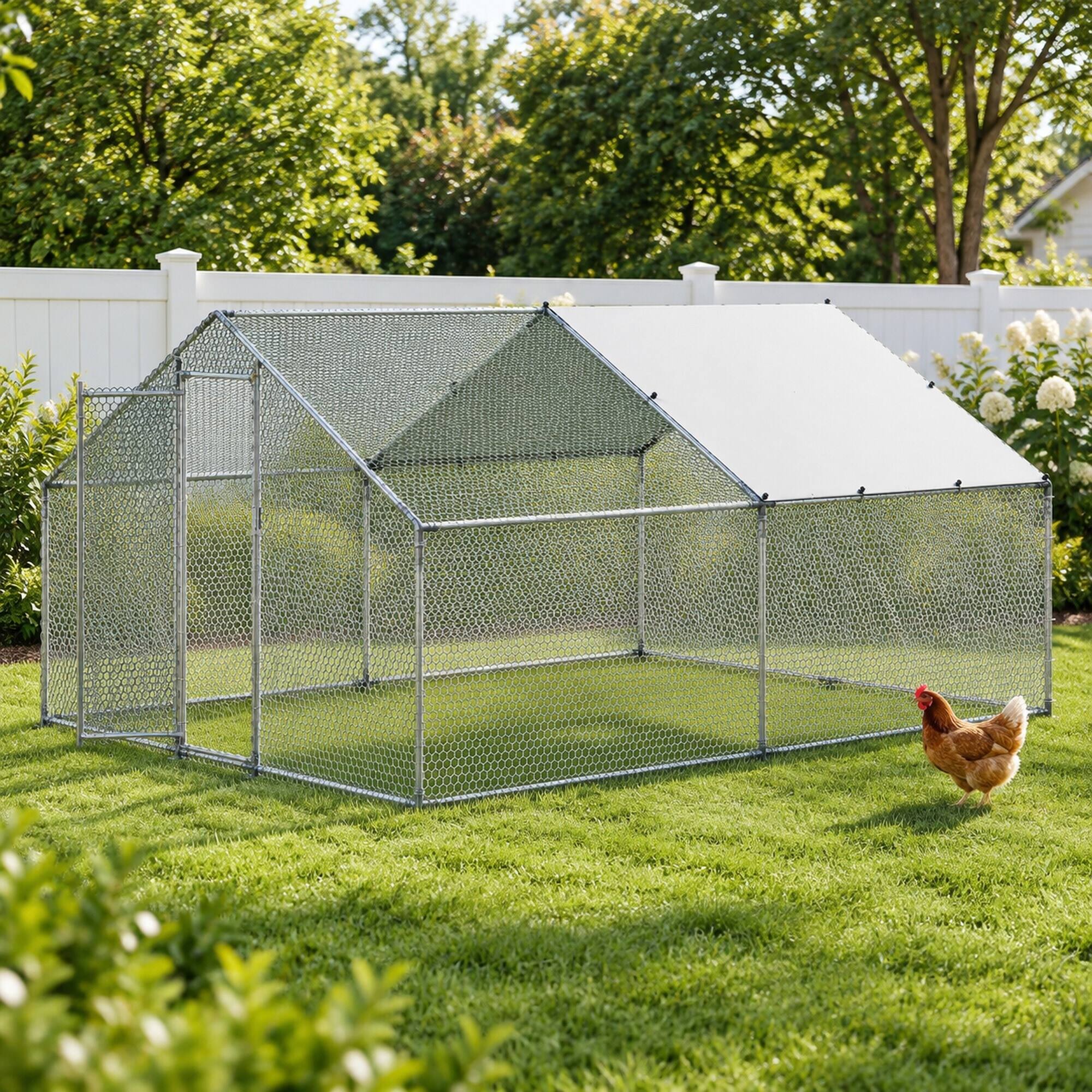 Alt View 2. RYHNUYNE - Large Metal Chicken Coop, 9.8 x 13.1 x 6.6 ft Walk-in Run, Spire Roof, Waterproof Cover, Locking Door.
