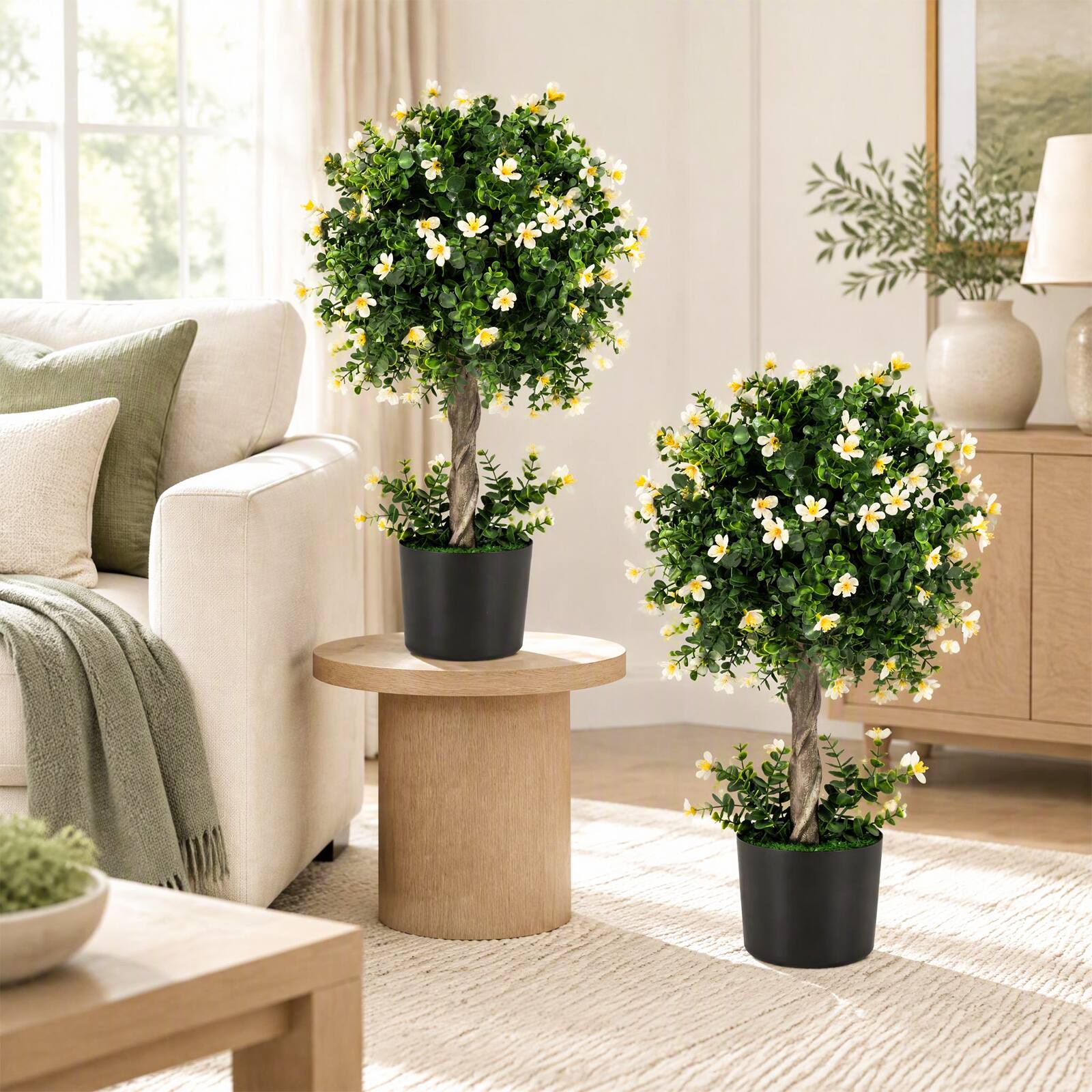 Alt View 3. Costway - Costway 2-Set Artificial Topiary Trees, 26" Realistic Potted Plants with White Blossoms - White+Green.