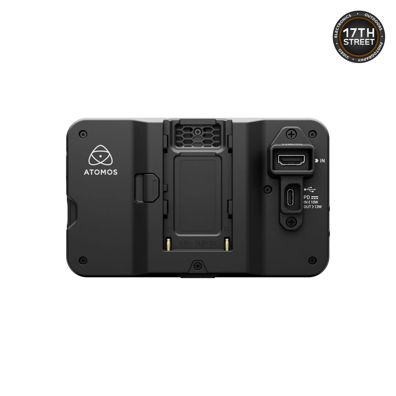 ELECTRONICS OUTDOORS 17TH STREET AIDEO PHOTOGRAPHY . + o IN ATOMOS a PD N 10W OUT> 13W 6.2V 16.8V DC