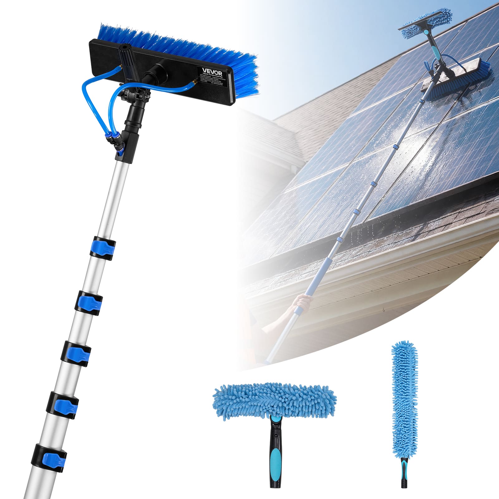 VEVOR - Solar Panel Cleaning Kit, 33 ft, Water Fed Pole Kit with Cleaning Brush, Soap Dispenser, Extendable Aluminum Telescopic - Silver + Blue