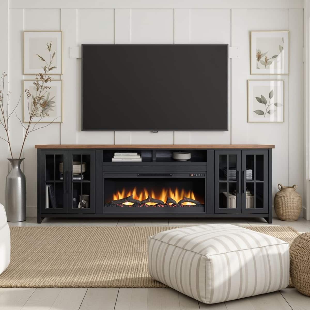 Loheer - 97 inch farmhouse fireplace tv stand for 100 inch tv - Black