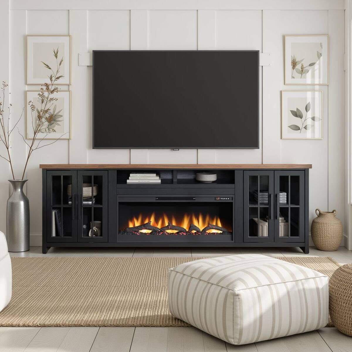 Front. Loheer - Loheer 97 inch farmhouse fireplace tv stand for 100 inch tv Black - Black.