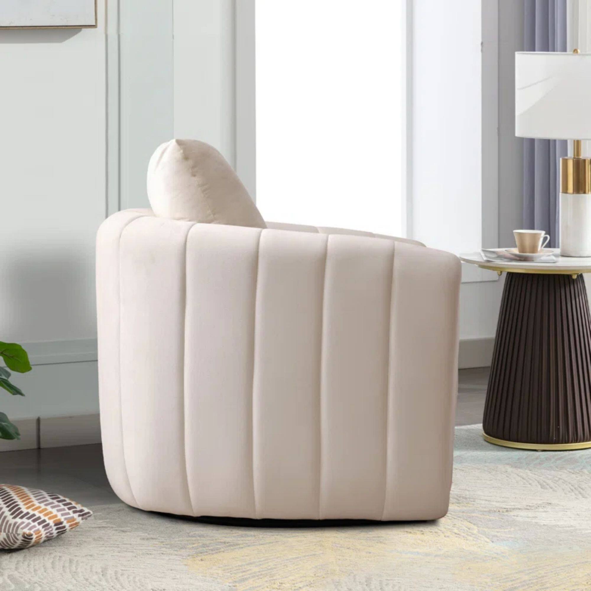 Left. Bestier - 30.5" Wide Modern Soft Velvet Upholstered Swivel Armrest Barrel Chair with Pillow - Beige.