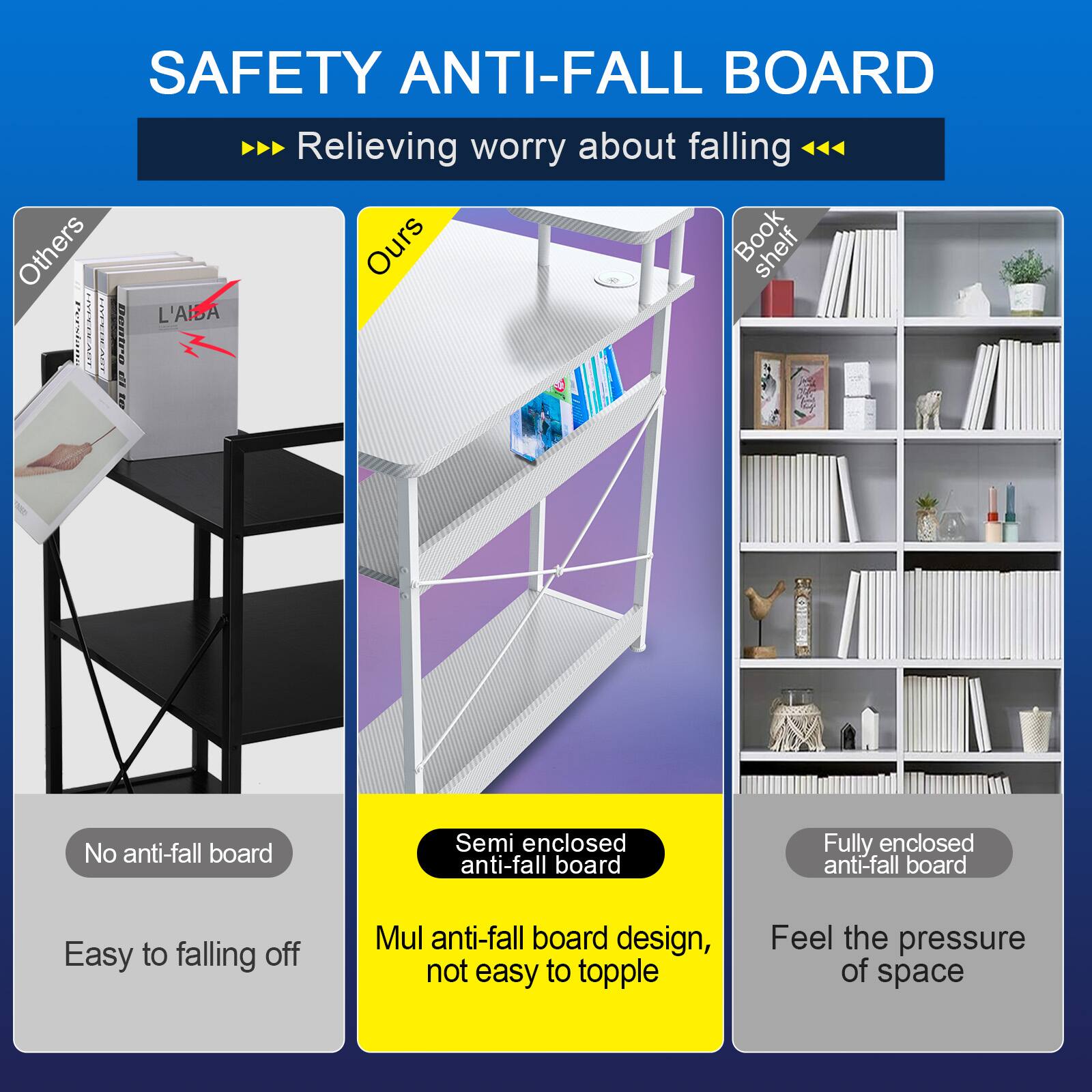 SAFETY ANTI-FALL BOARD
Relieving worry about falling
Others
Ours
Book shelf
L'AISA
No anti-fall board
Semi enclosed anti-fall board
Fully enclosed anti-fall board
Easy to falling off
Mul anti-fall board design, not easy to topple
Feel the pressure of space