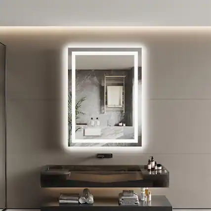 Front. Homhougo - Anti-Fog LED Bathroom Mirror Dimmable Front+Back Light Tempered Glass ETL Listed.