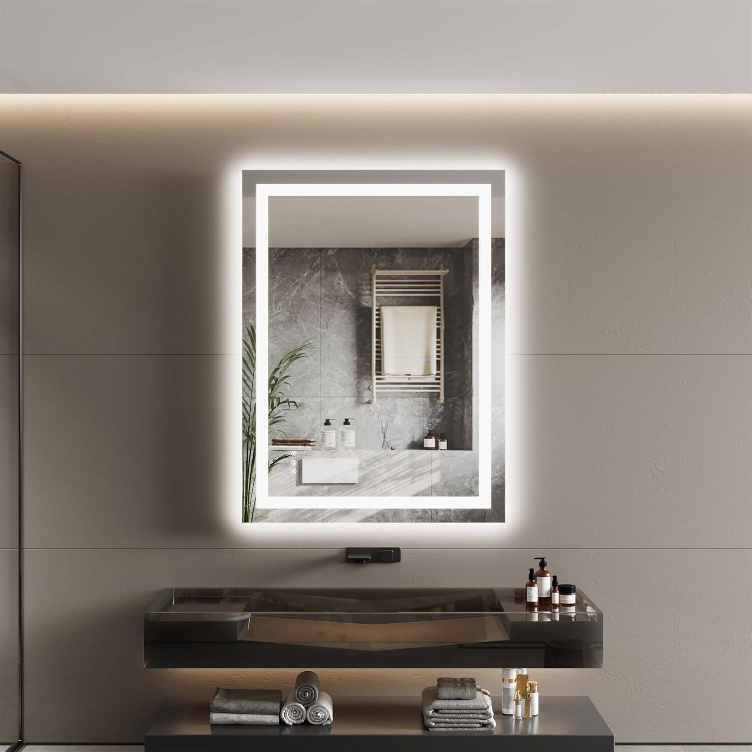 Front. Homhougo - Anti-Fog LED Bathroom Mirror Dimmable Front+Back Light Tempered Glass ETL Listed.
